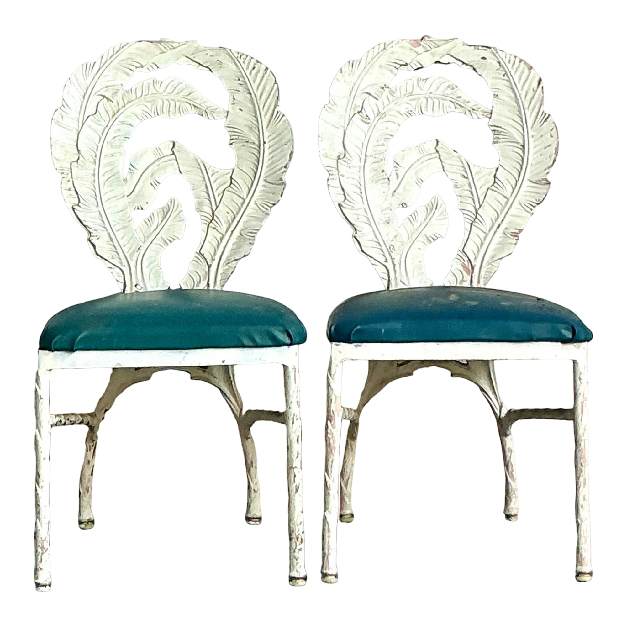 Vintage Boho Banana Leaf Cast Aluminum Dining Chairs - A Pair