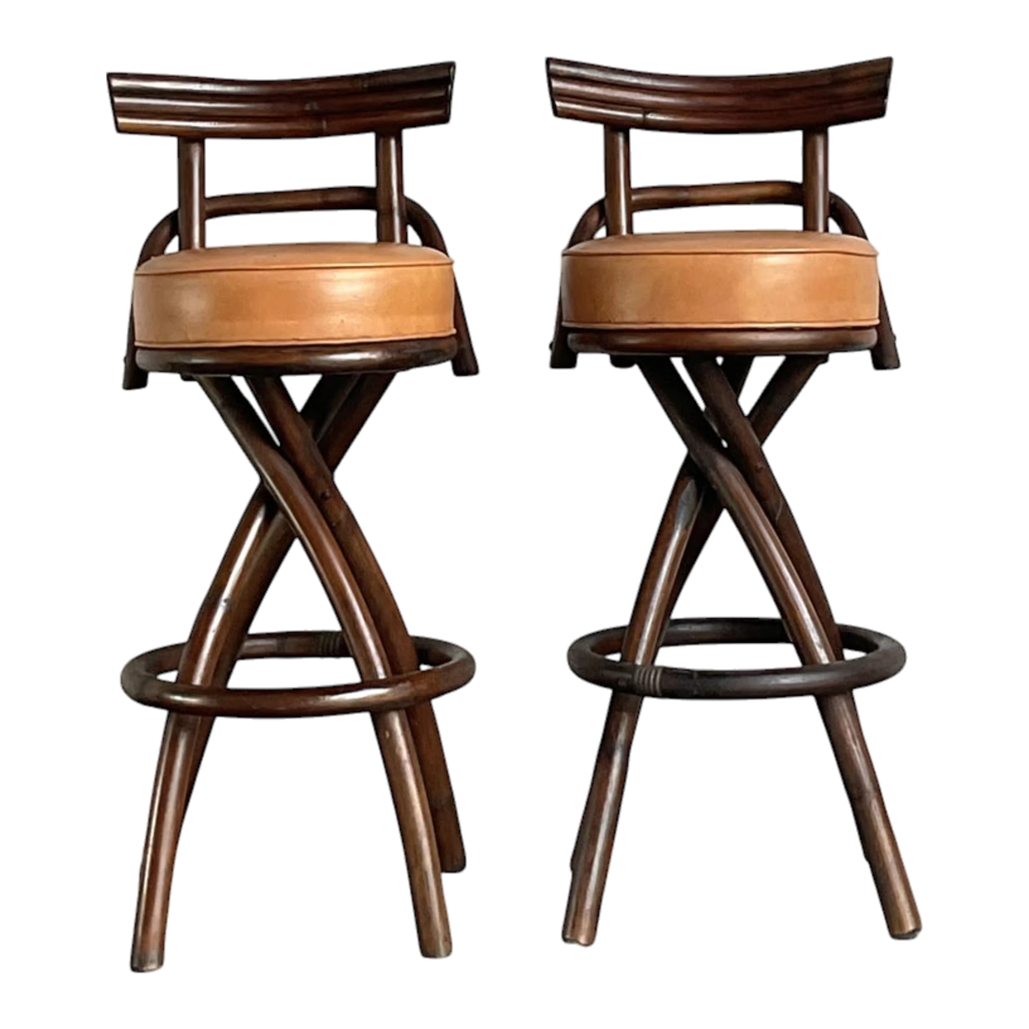 Vintage Boho Bent Rattan Bar Stools - A Pair