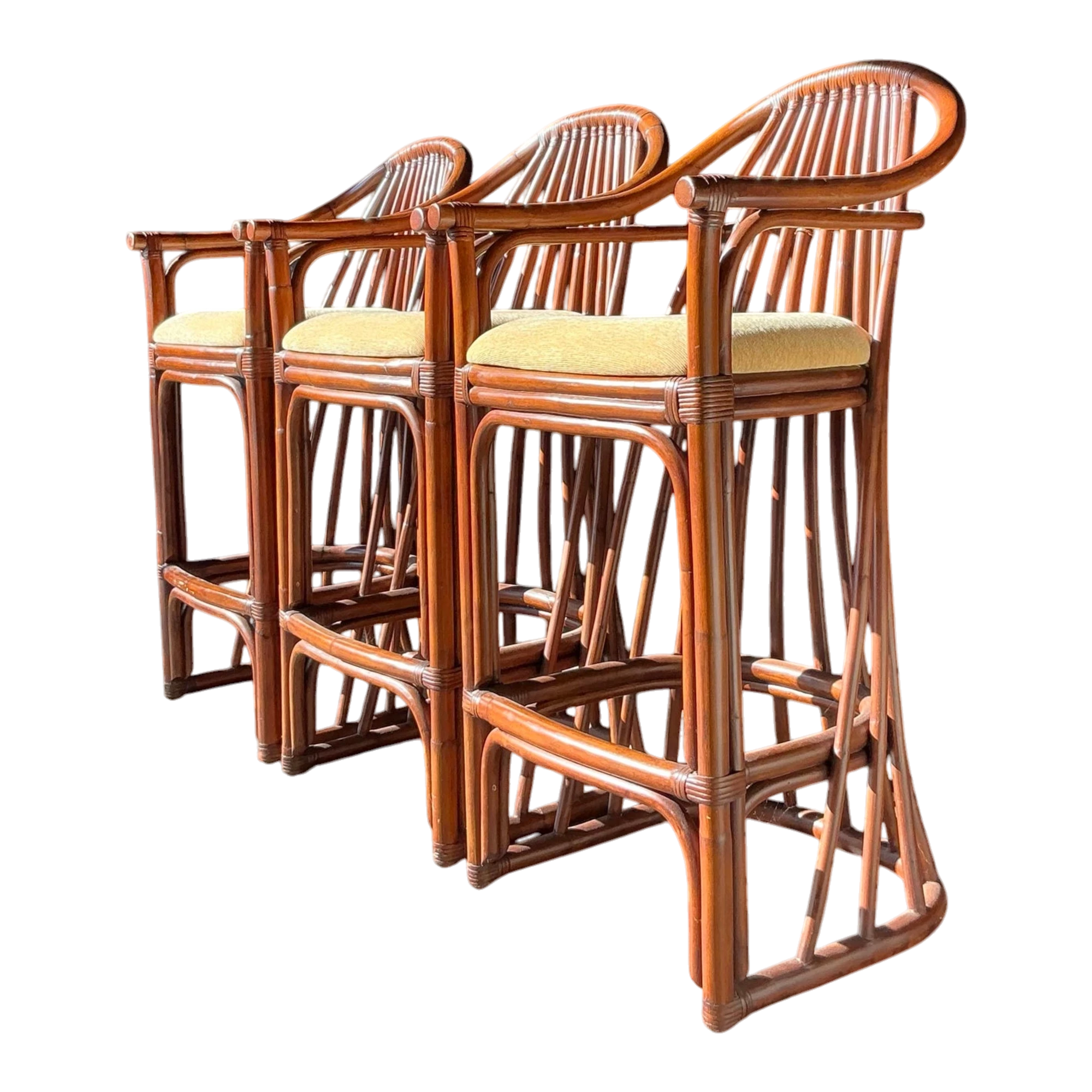 Vintage Boho Bent Rattan Bar Stools - Set of 3