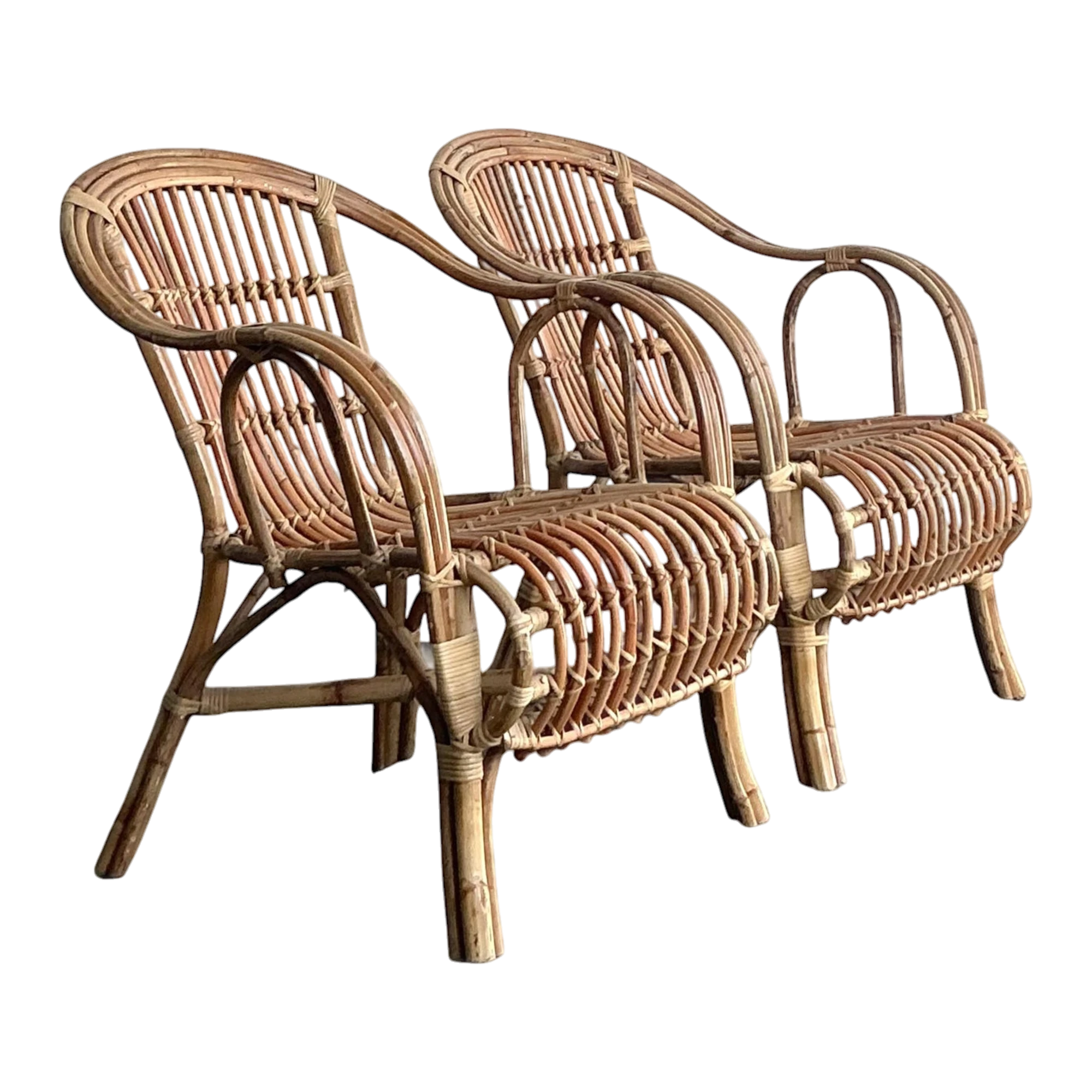 Vintage Boho Bent Rattan Lounge Chairs - A Pair