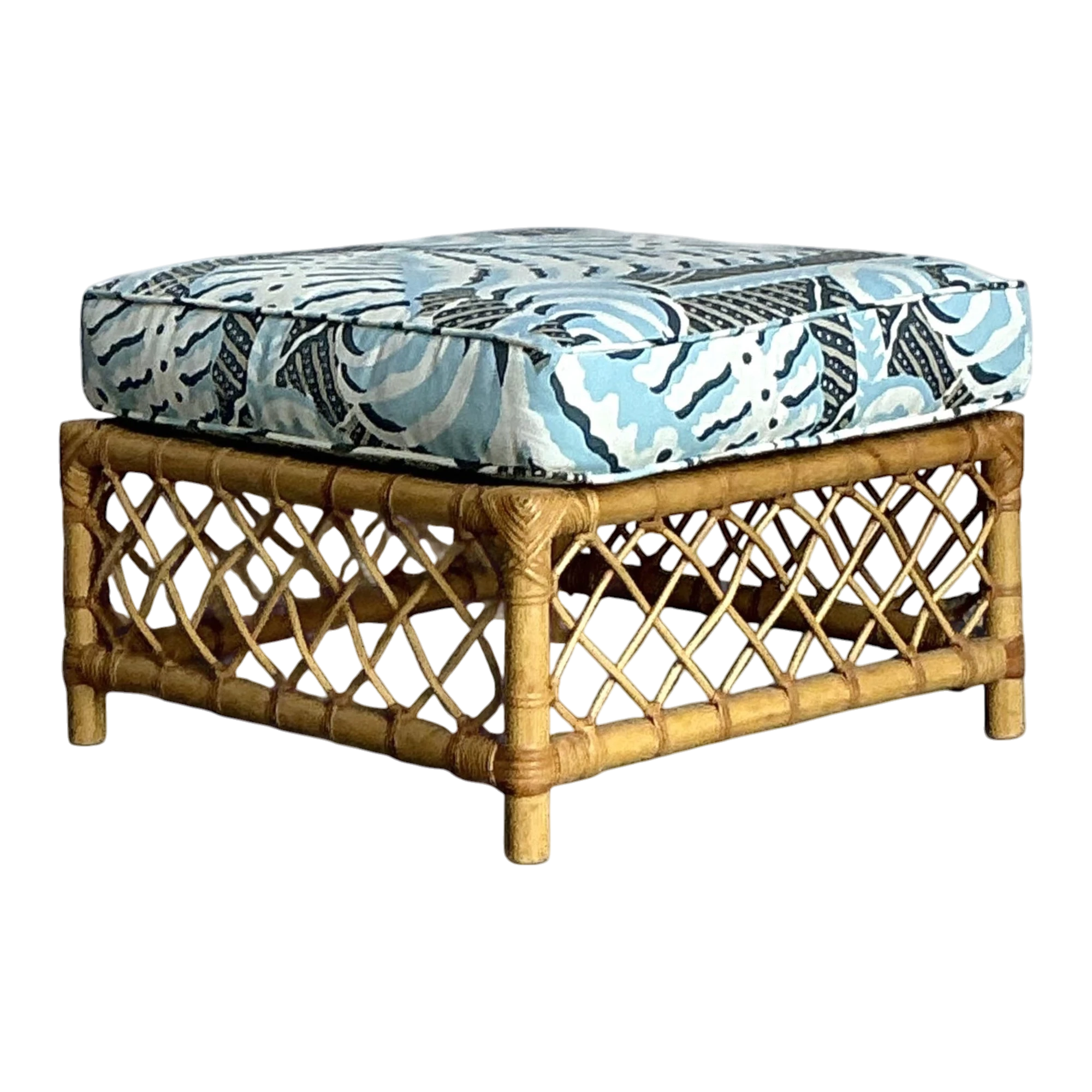 Vintage Boho Bielecky Brothers Trellis Rattan Ottoman in Alan Campbell “Ferns”