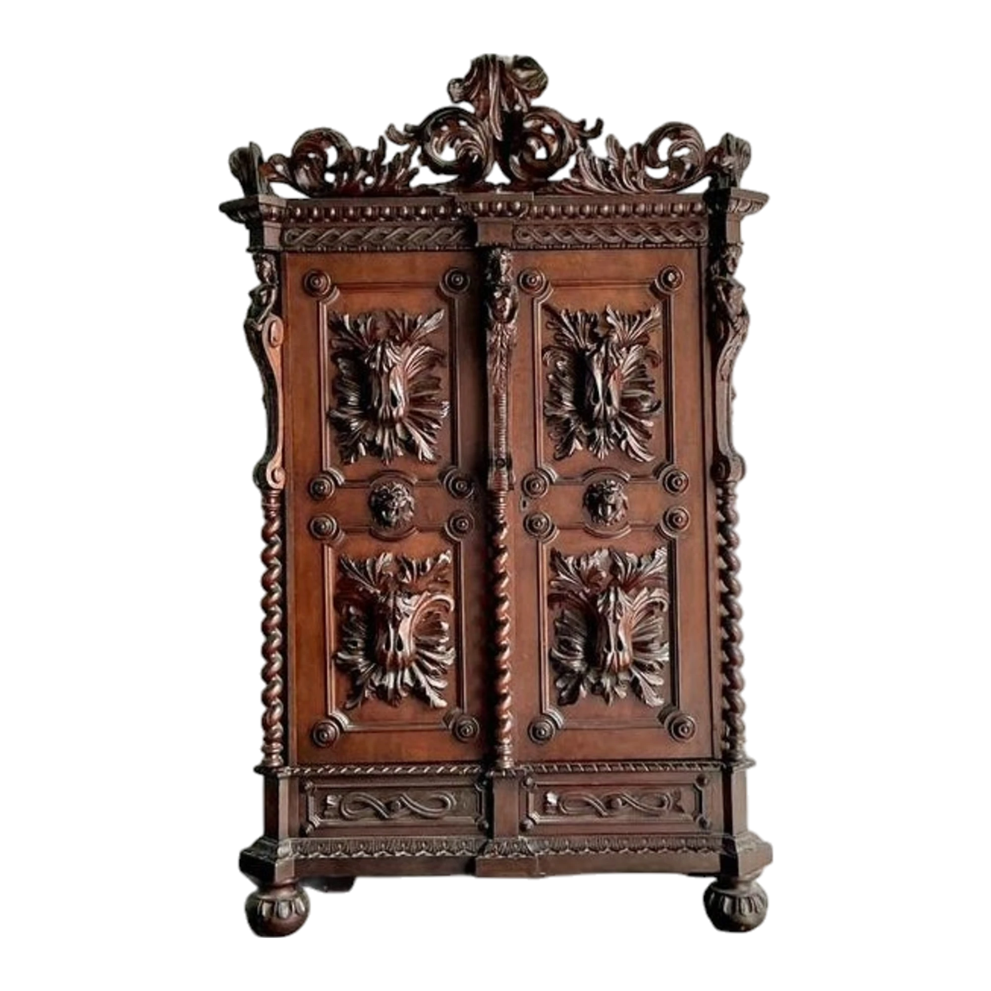 Vintage Boho Black Forest Carved Oak Armoire