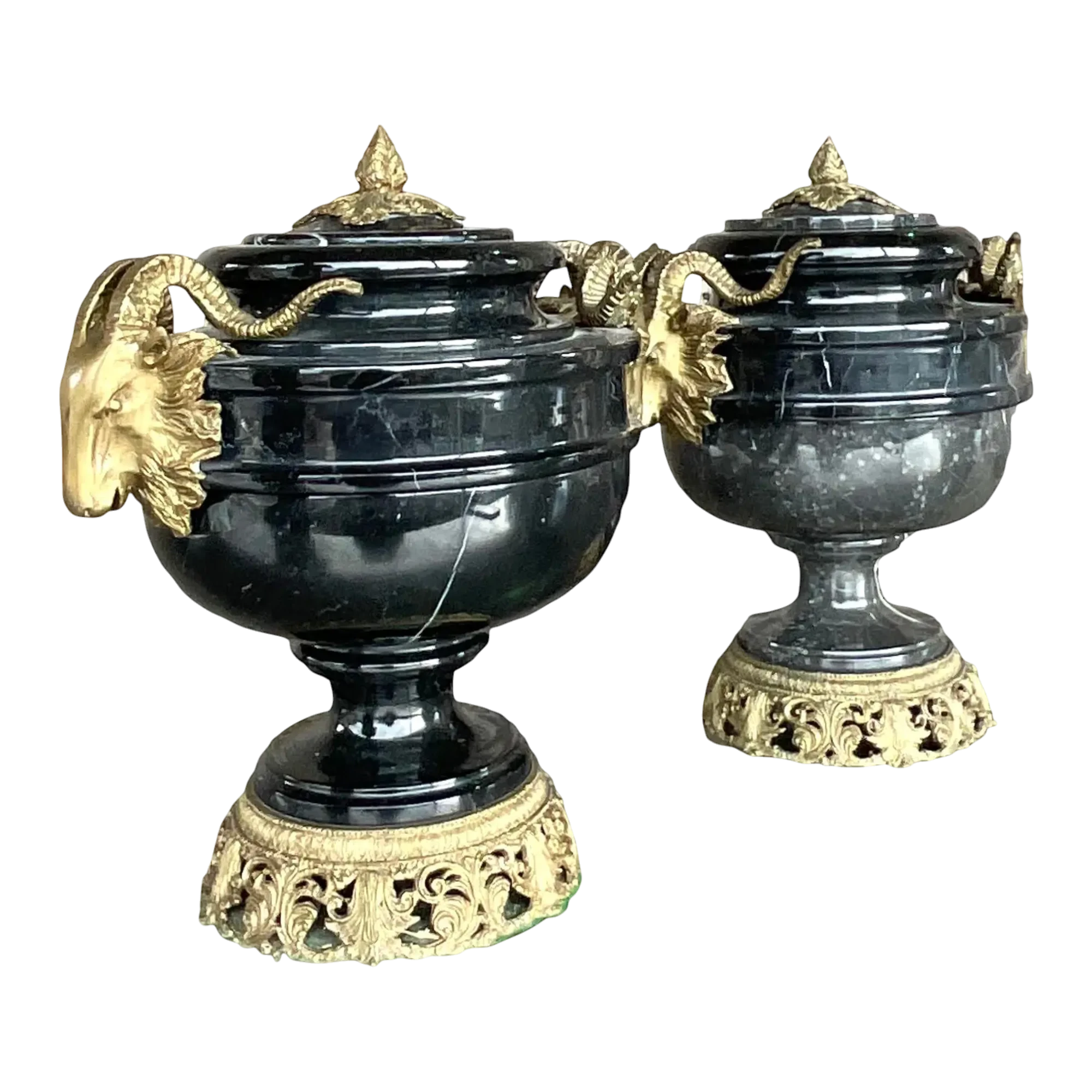 Vintage Boho Black Marble and Brass Ram’s Head Lidded Urns - a Pair