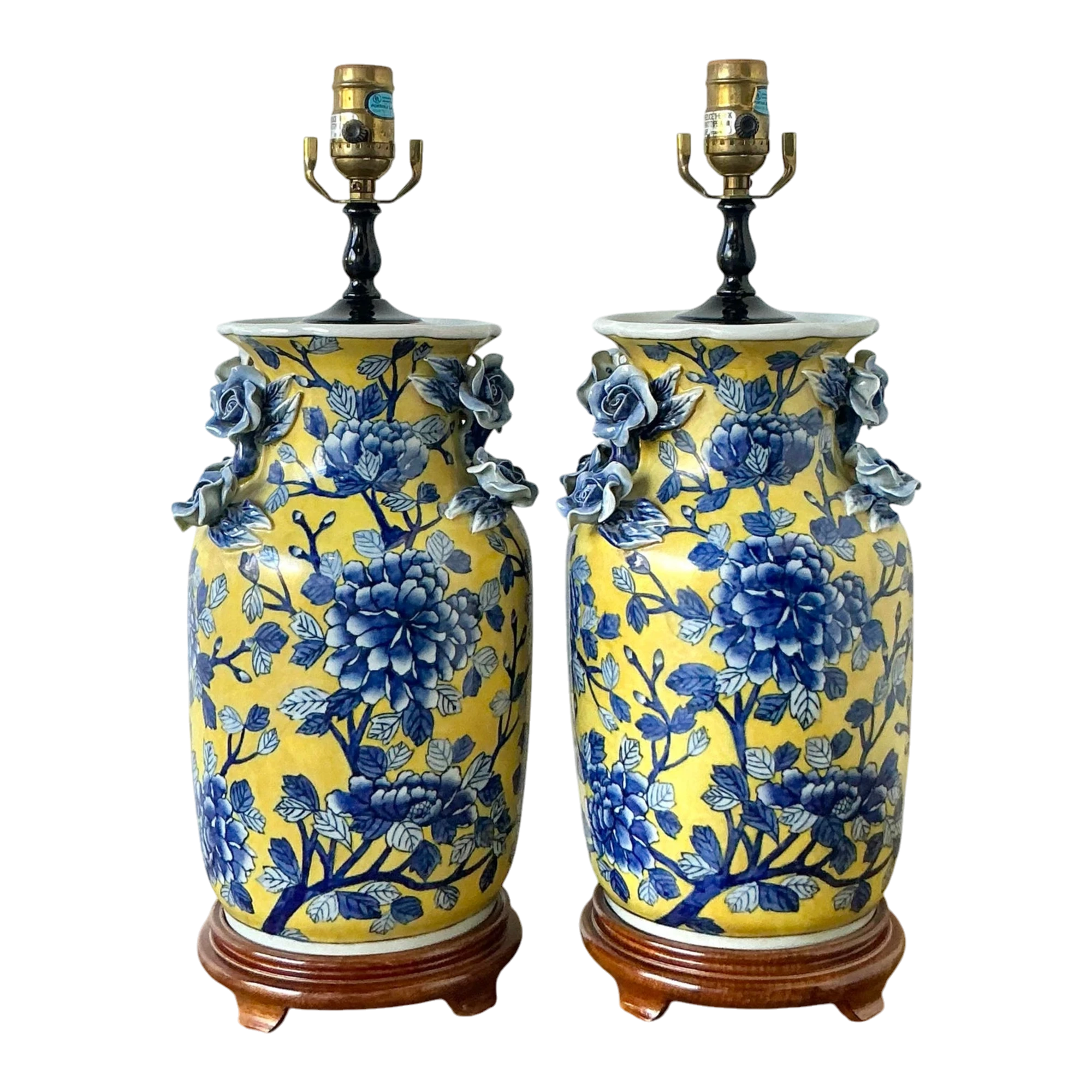 Vintage Boho Blue Rose Glazed Ceramic Vase Lamps - A Pair