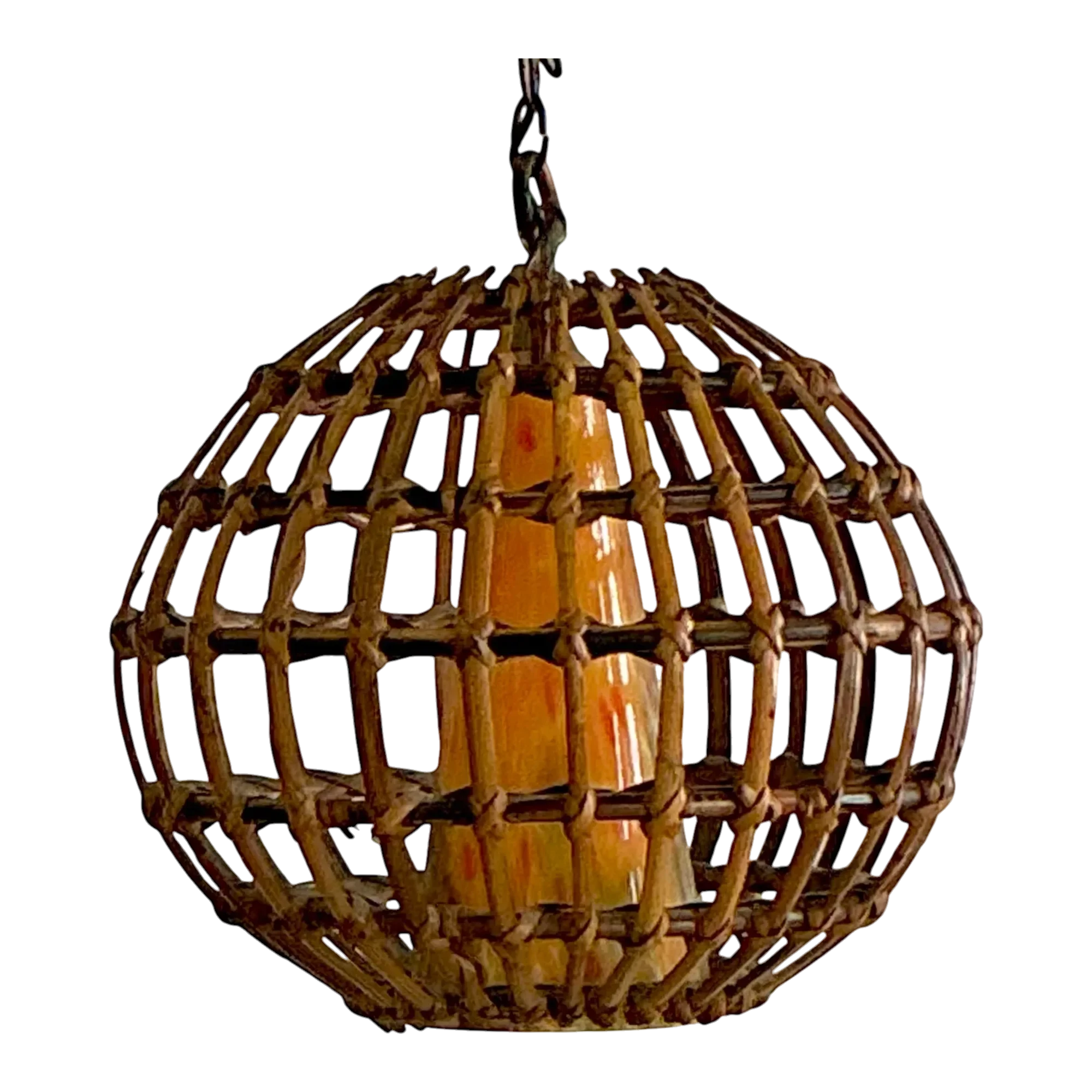 Vintage Boho Cage Rattan and Blown Glass Cone Chandelier