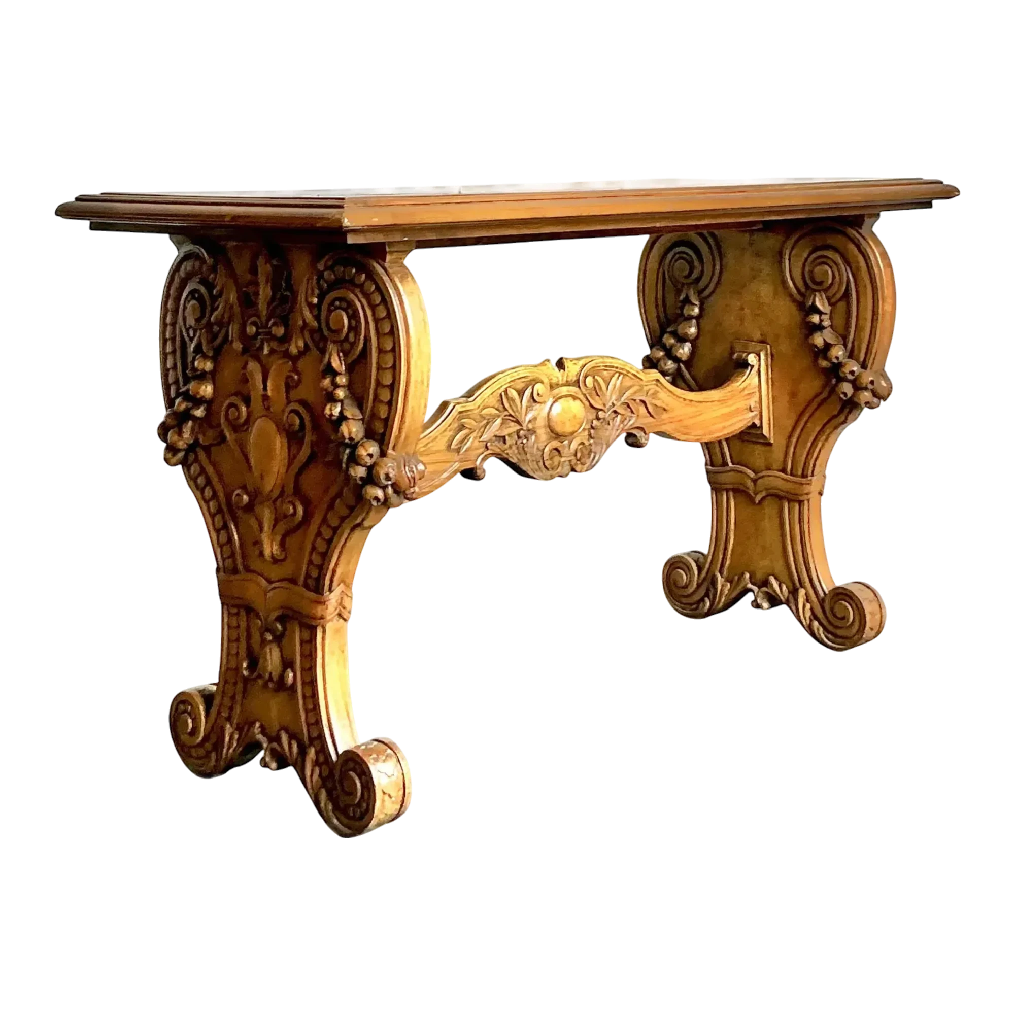 Vintage Boho Carved Burl Wood Console Table
