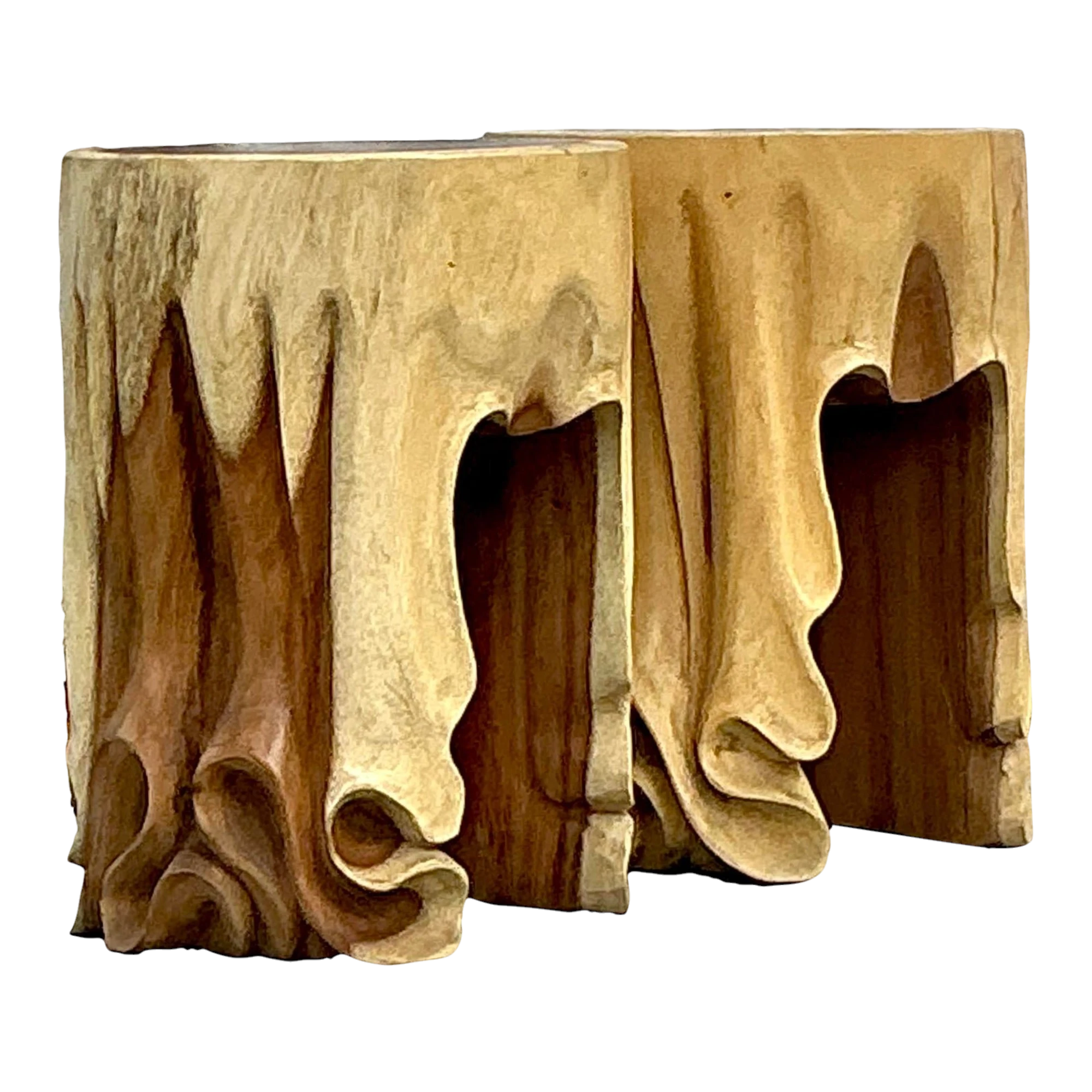 Vintage Boho Carved Drape Low Stools - a Pair