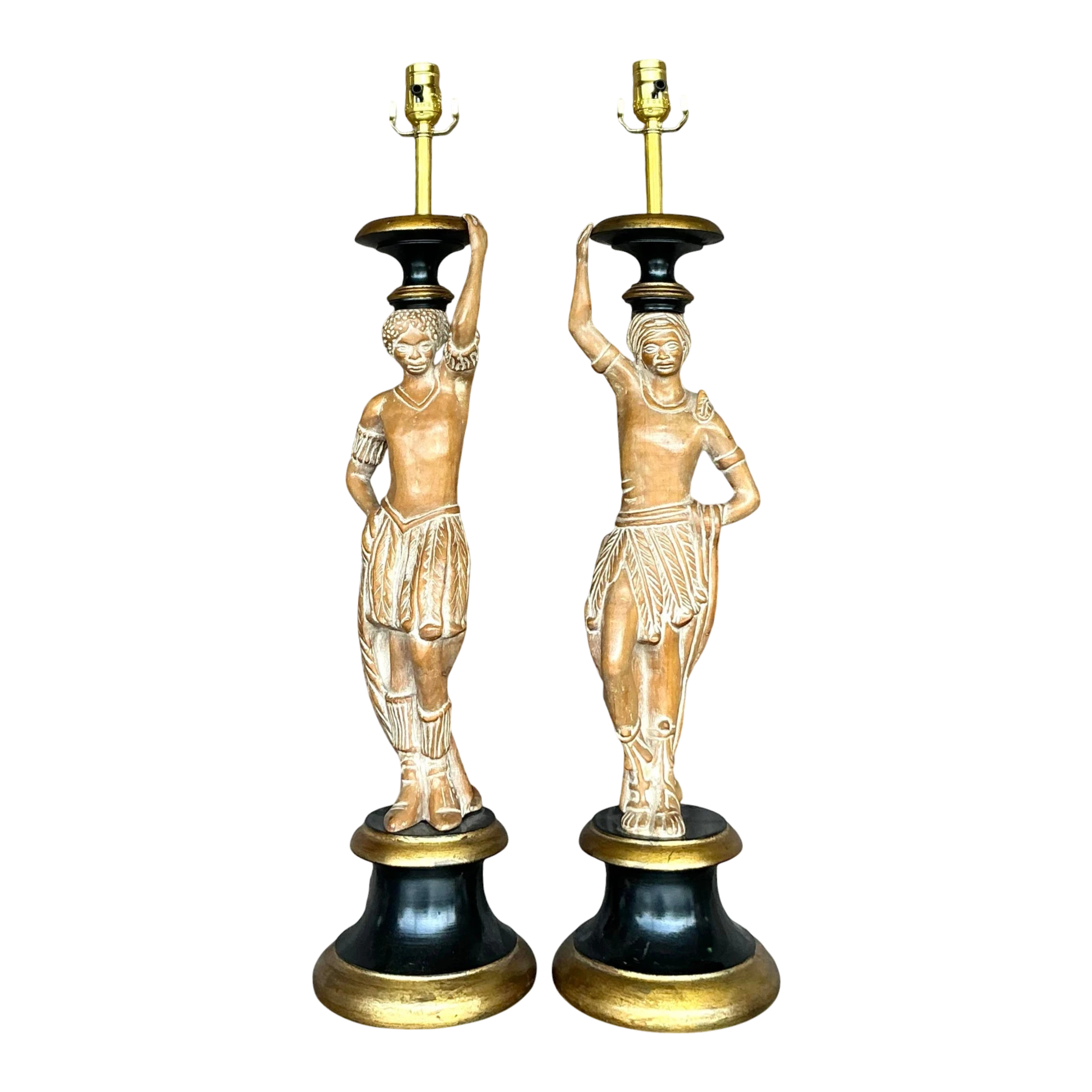 Vintage Boho Carved Figural Lamps - a Pair