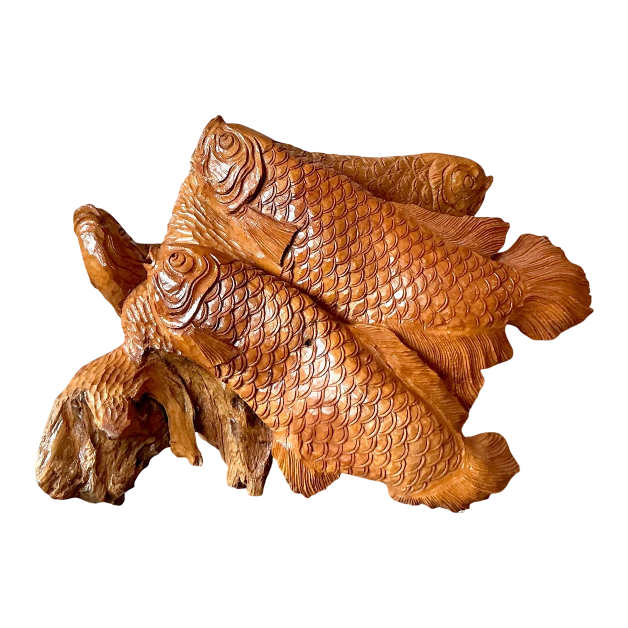 Vintage Boho Carved Trunk Koi Sculpture