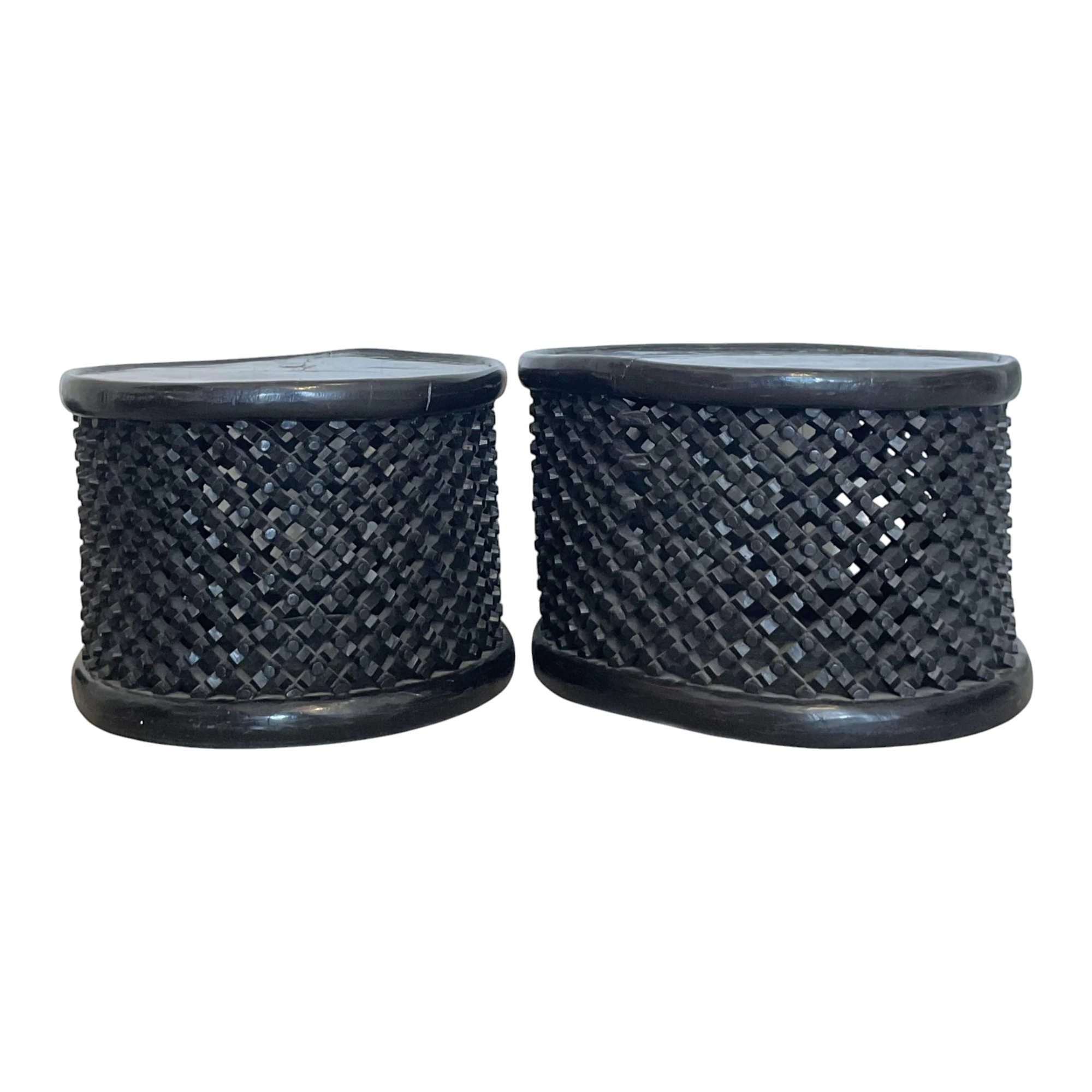 Vintage Boho Carved Wood Bamileke Tables - Set of 2