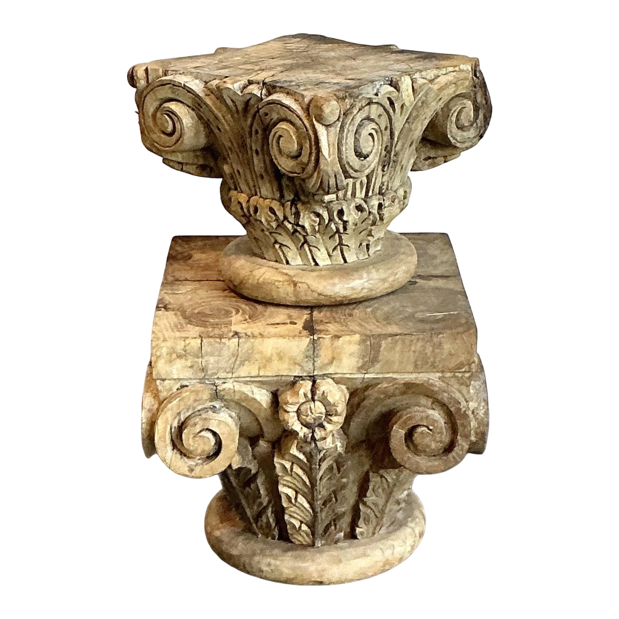 Vintage Boho Carved Wood Column Drink Tables - Set of 2