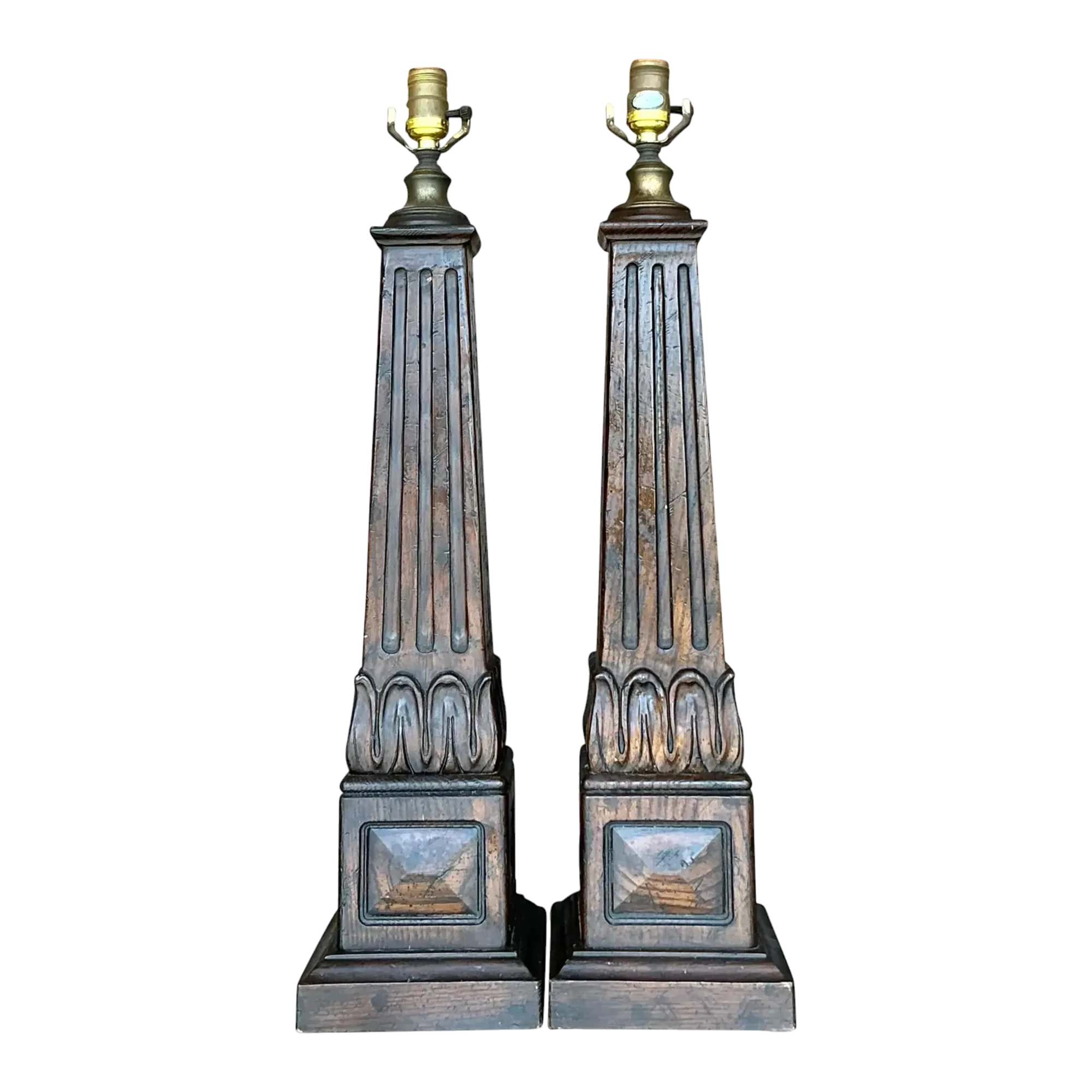 Vintage Boho Carved Wood Column Lamps - a Pair