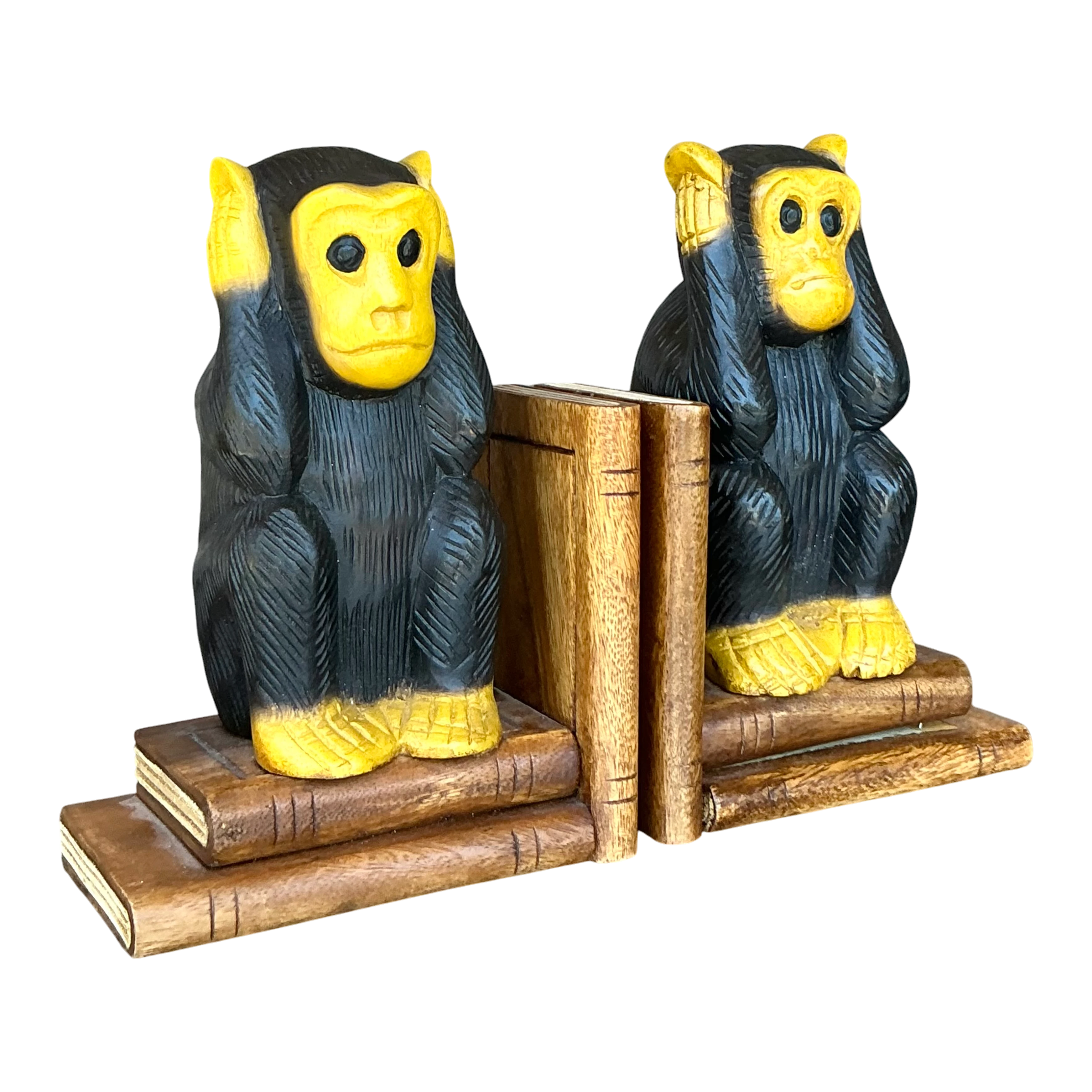 Vintage Boho Carved Wood Monkey Bookends - A Pair