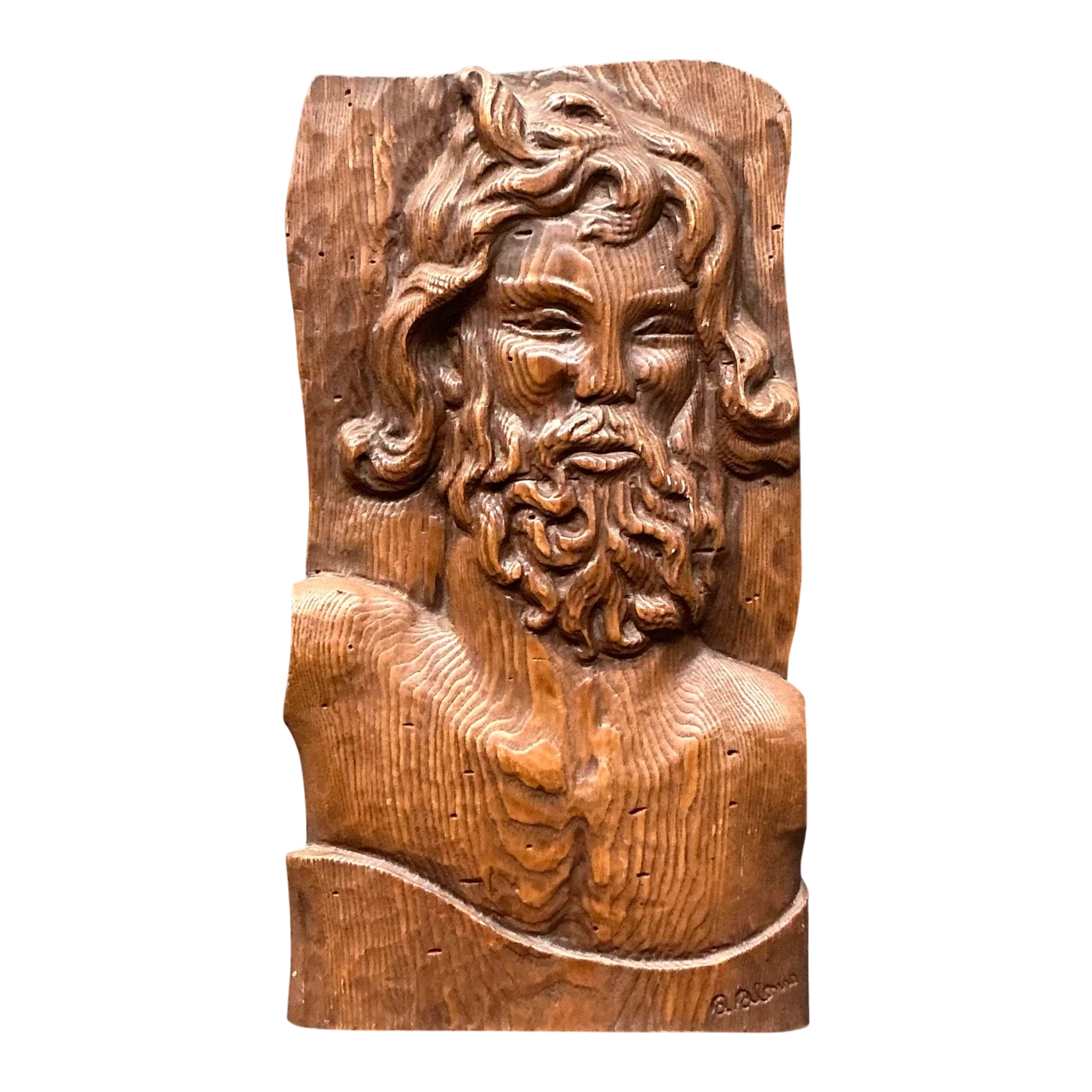 Vintage Boho Carved Wood Panel of Man