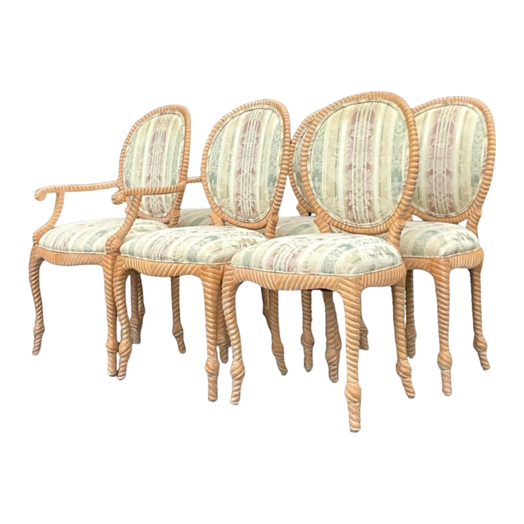 Vintage Boho Carved Wood Rope Design Dining Chairs - Set of 6