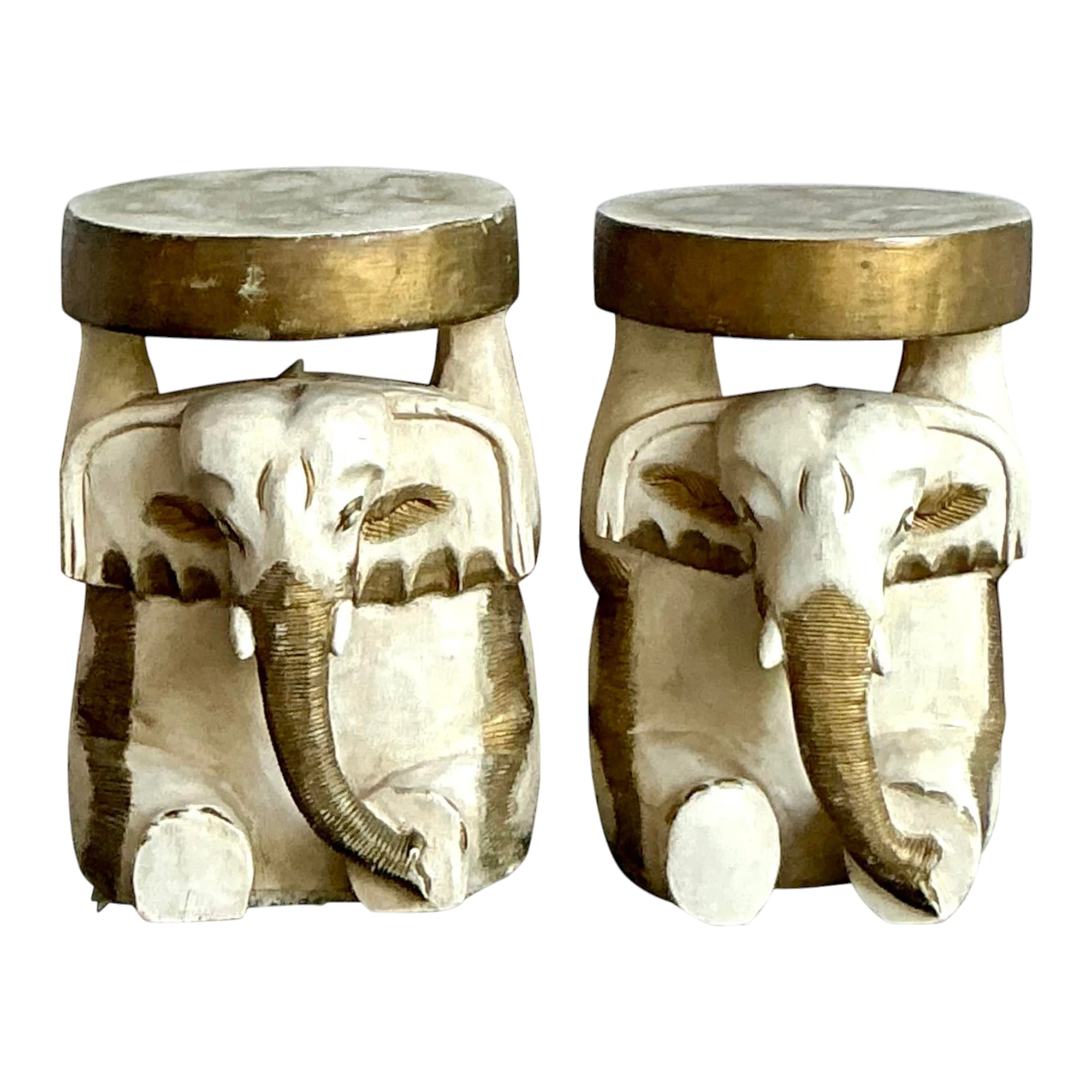 Vintage Boho Carved Wooden Elephant Low Stool - A Pair