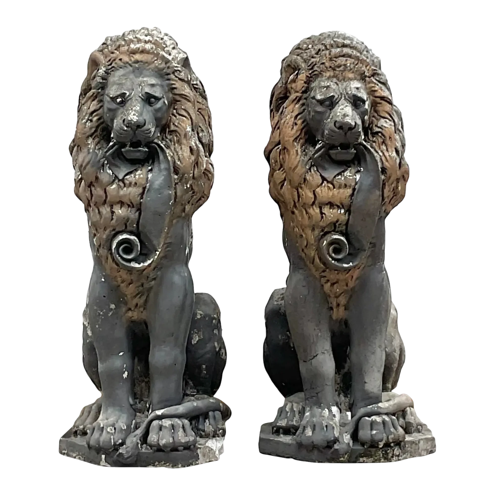 Vintage Boho Cast Concrete Lion Statues - a Pair