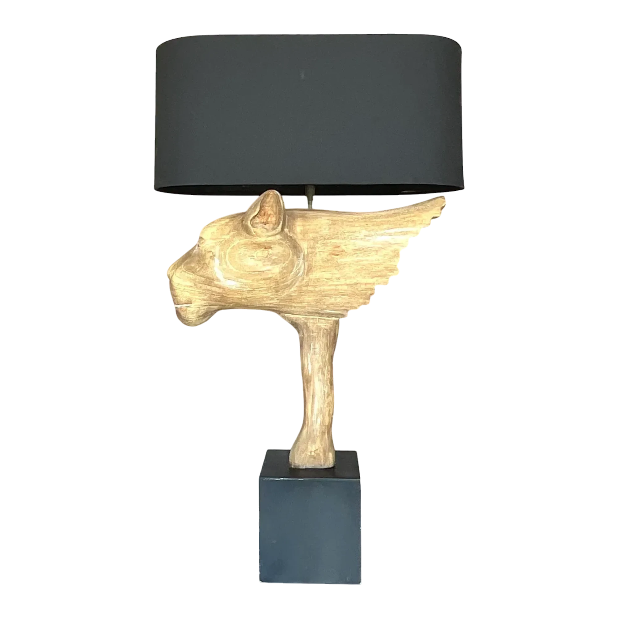 Vintage Boho Cerused Wood Winged Lion’s Head Lamp