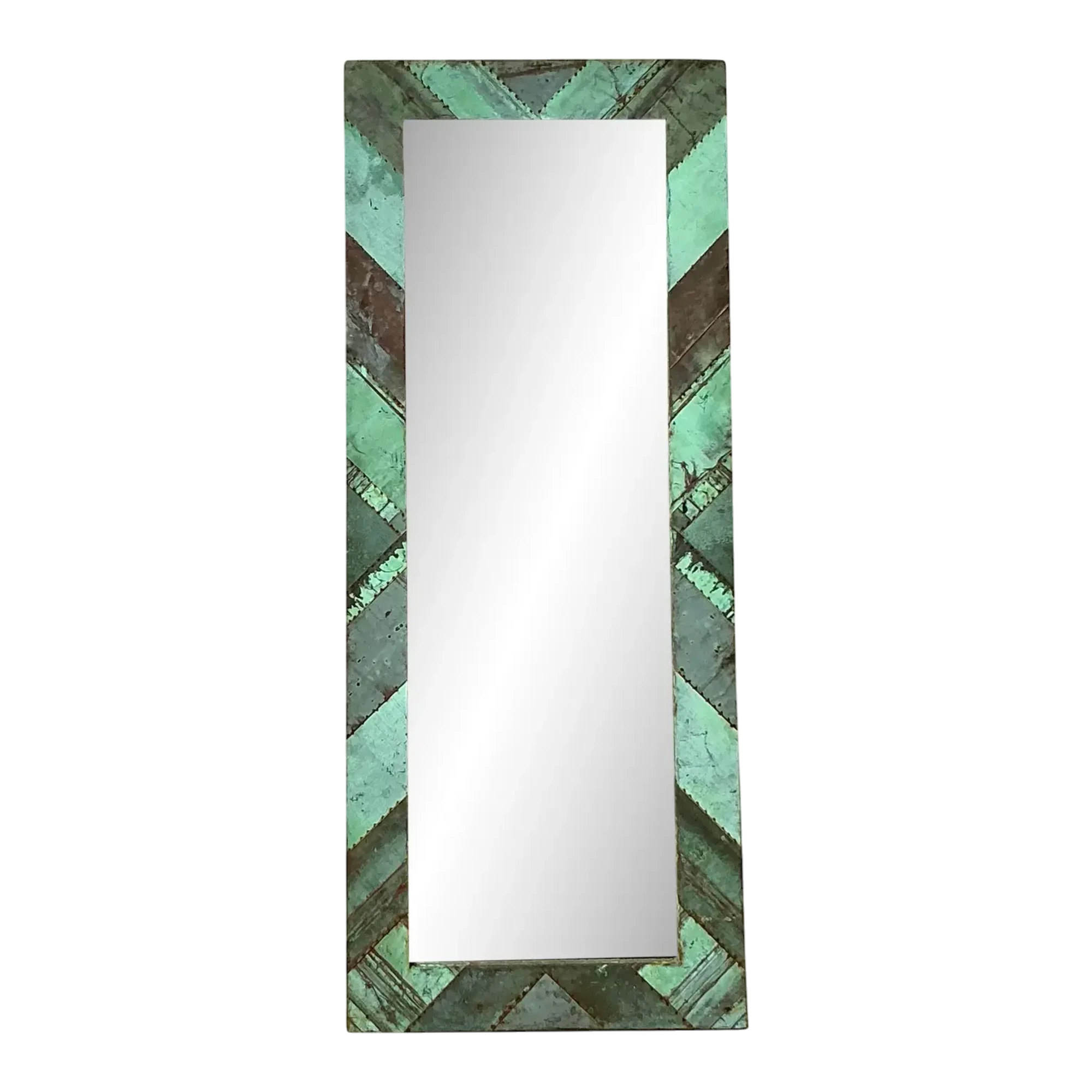 Vintage Boho Chevron Verdigris Copper Floor Mirror