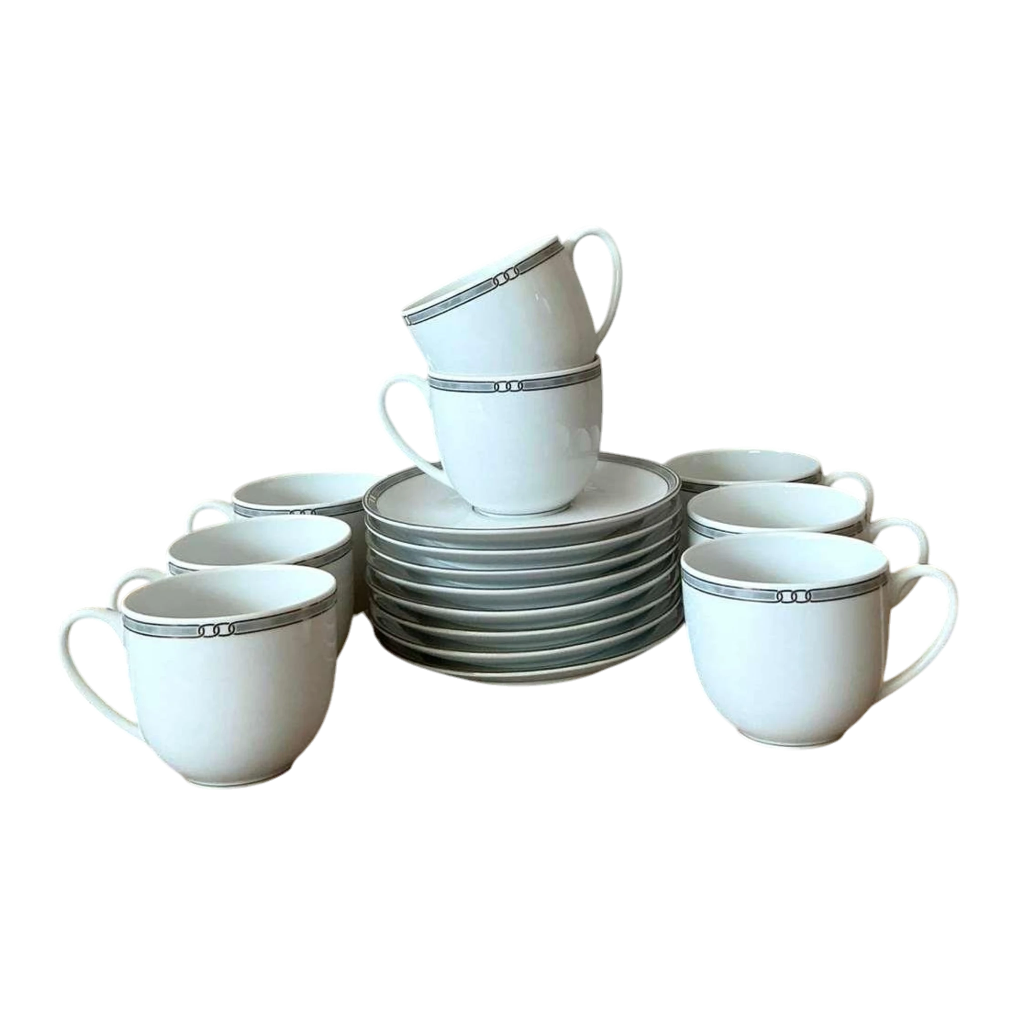 Vintage Boho Christofle "Alliance Grey" Tea Cups With Saucers - Set of 8