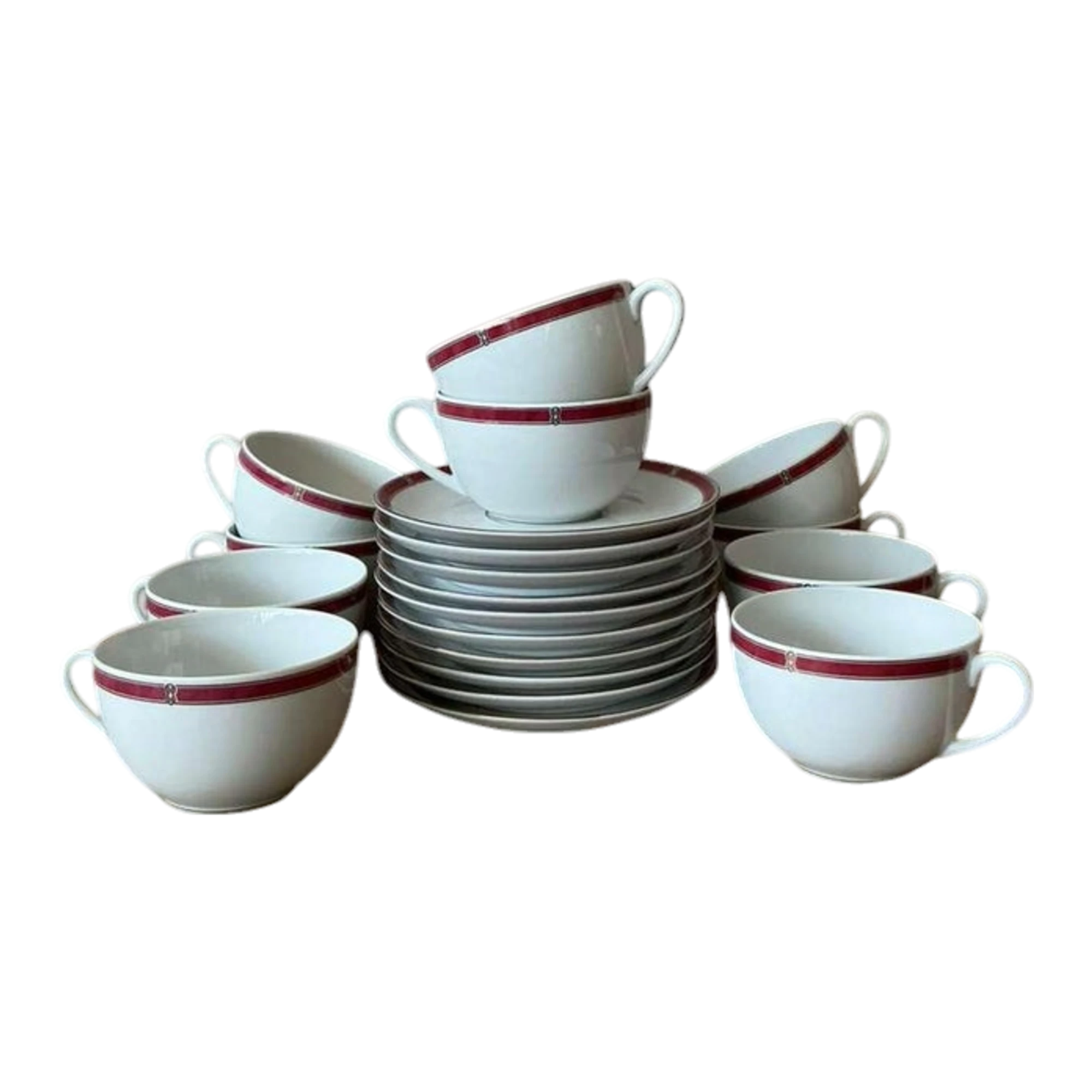 Vintage Boho Christofle "Oceana Red" Tea Cups With Saucers - Set of 11
