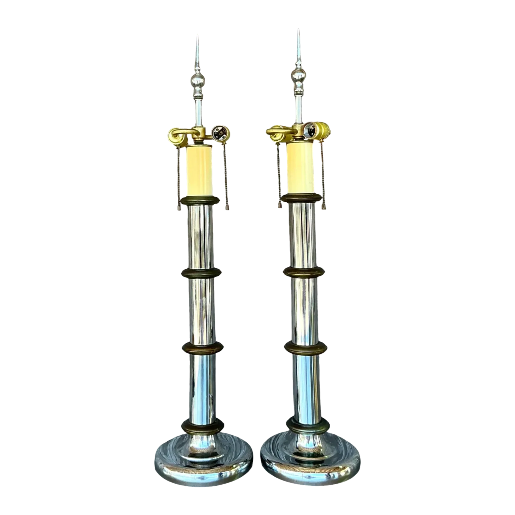 Vintage Boho Chrome and Brass Pillar - A Pair
