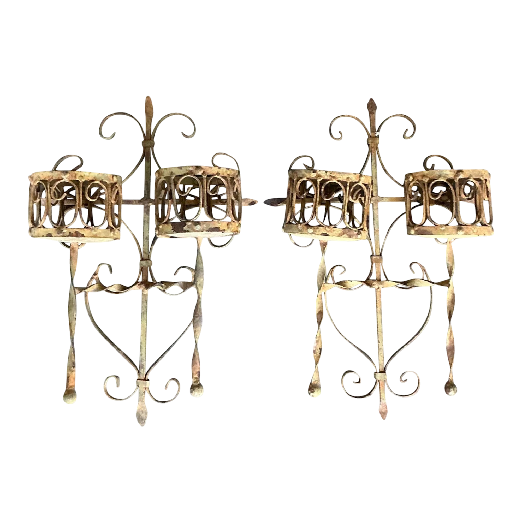 Vintage Boho Distressed Wrought Iron Candle Sconces- A Pair