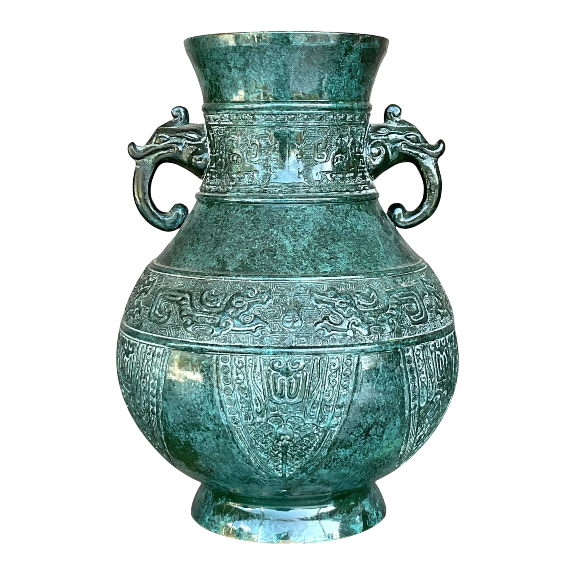 Vintage Boho Double Elephant Patinated Metal Vase