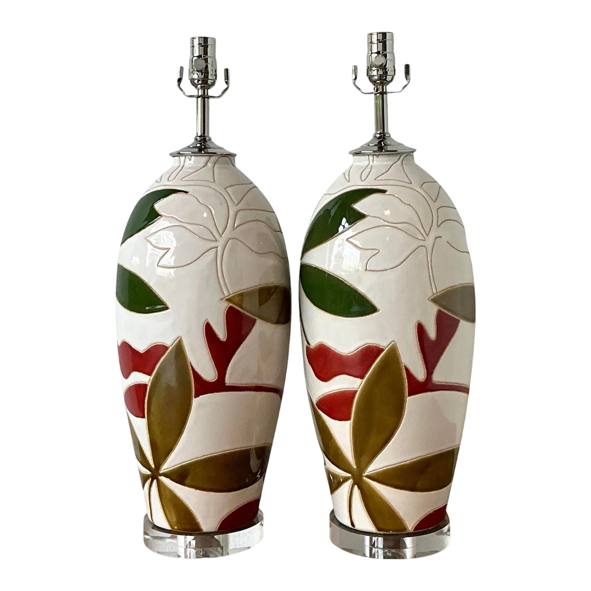 Vintage Boho Etched Glazed Ceramic Lamps - A Pair