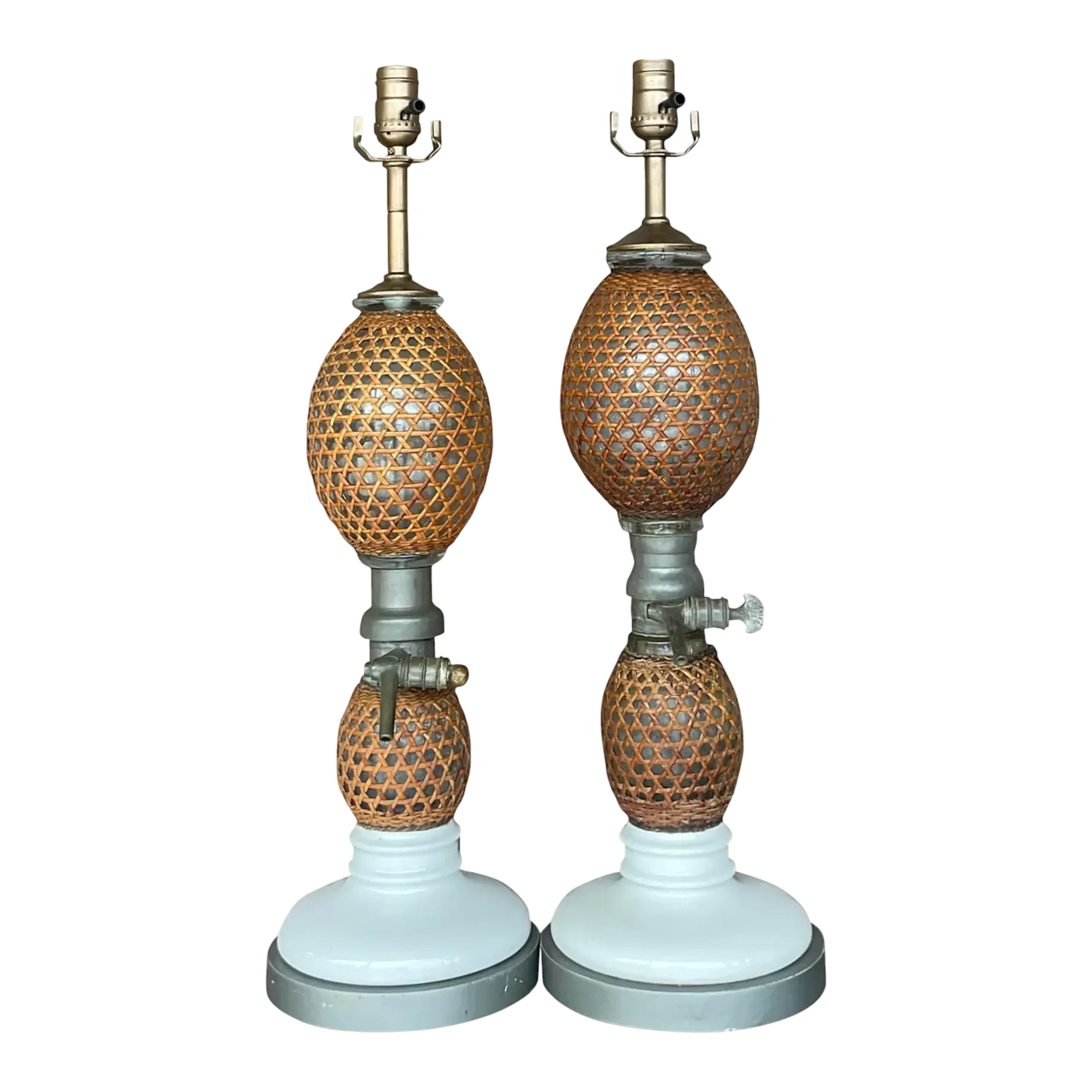 Vintage Boho French “Briet Brevete” Rattan and Glass Lamps - a Pair