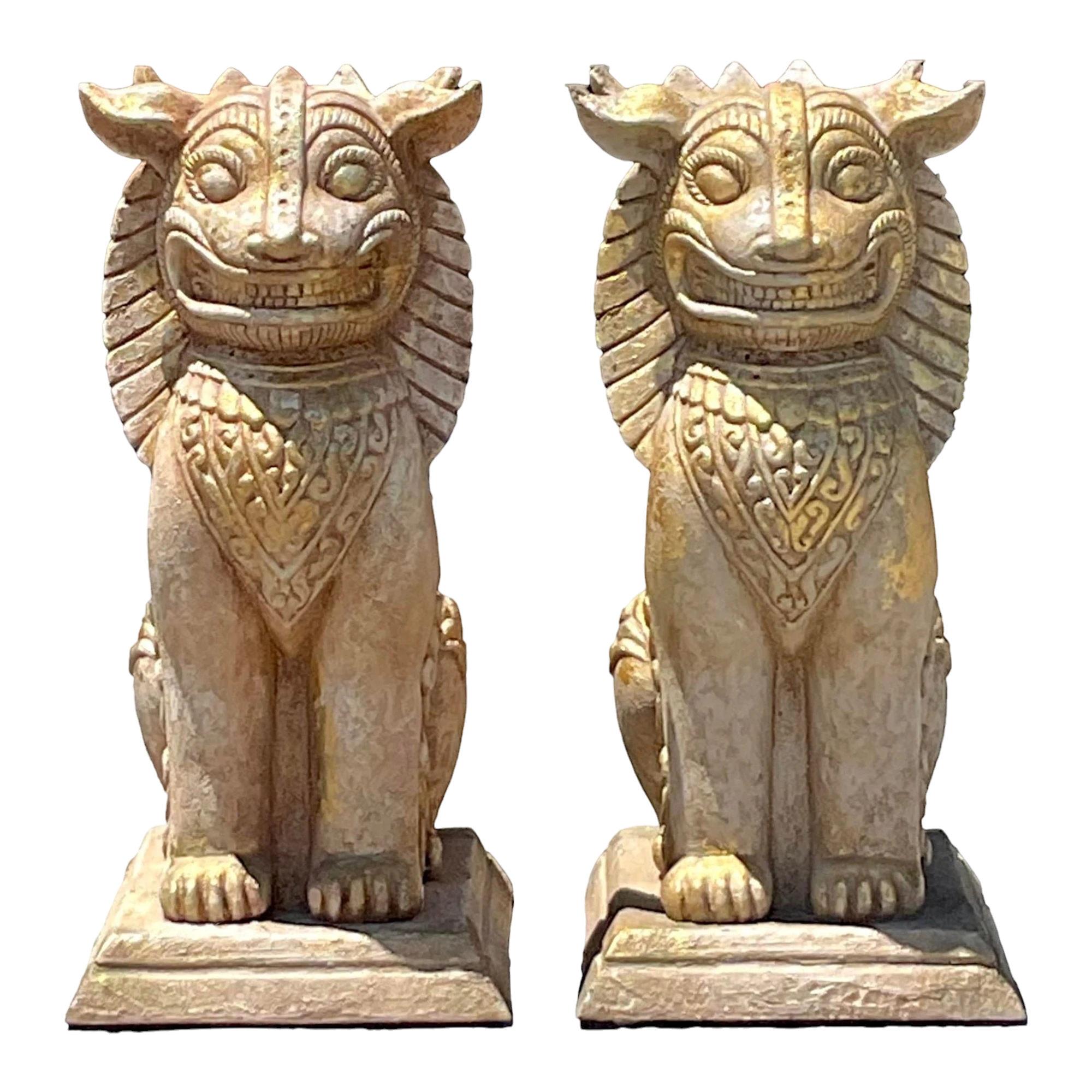 Vintage Boho Gilt Plaster Over Wood Foo Dogs - A Pair