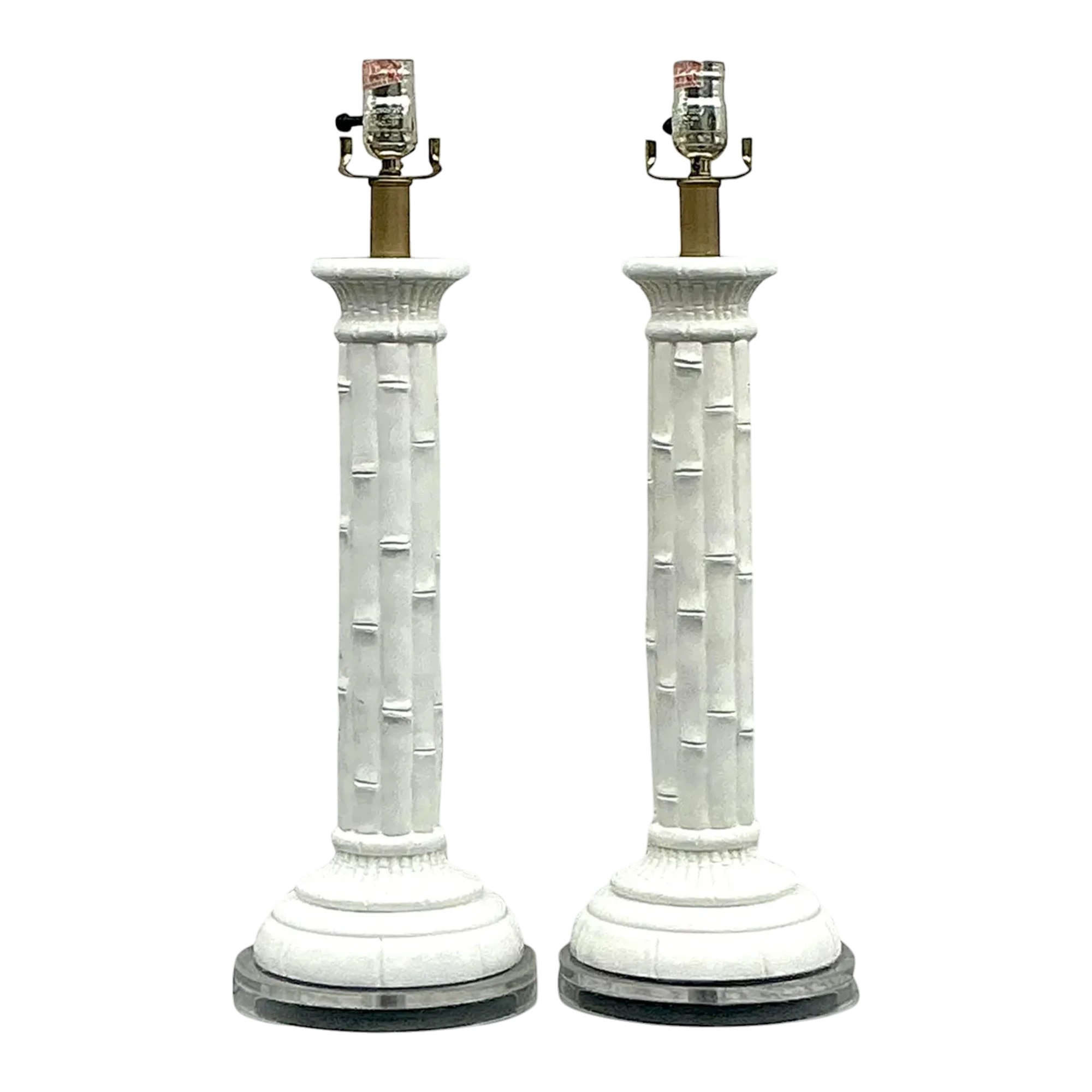 Vintage Boho Glazed Ceramic Bamboo Lamps - a Pair
