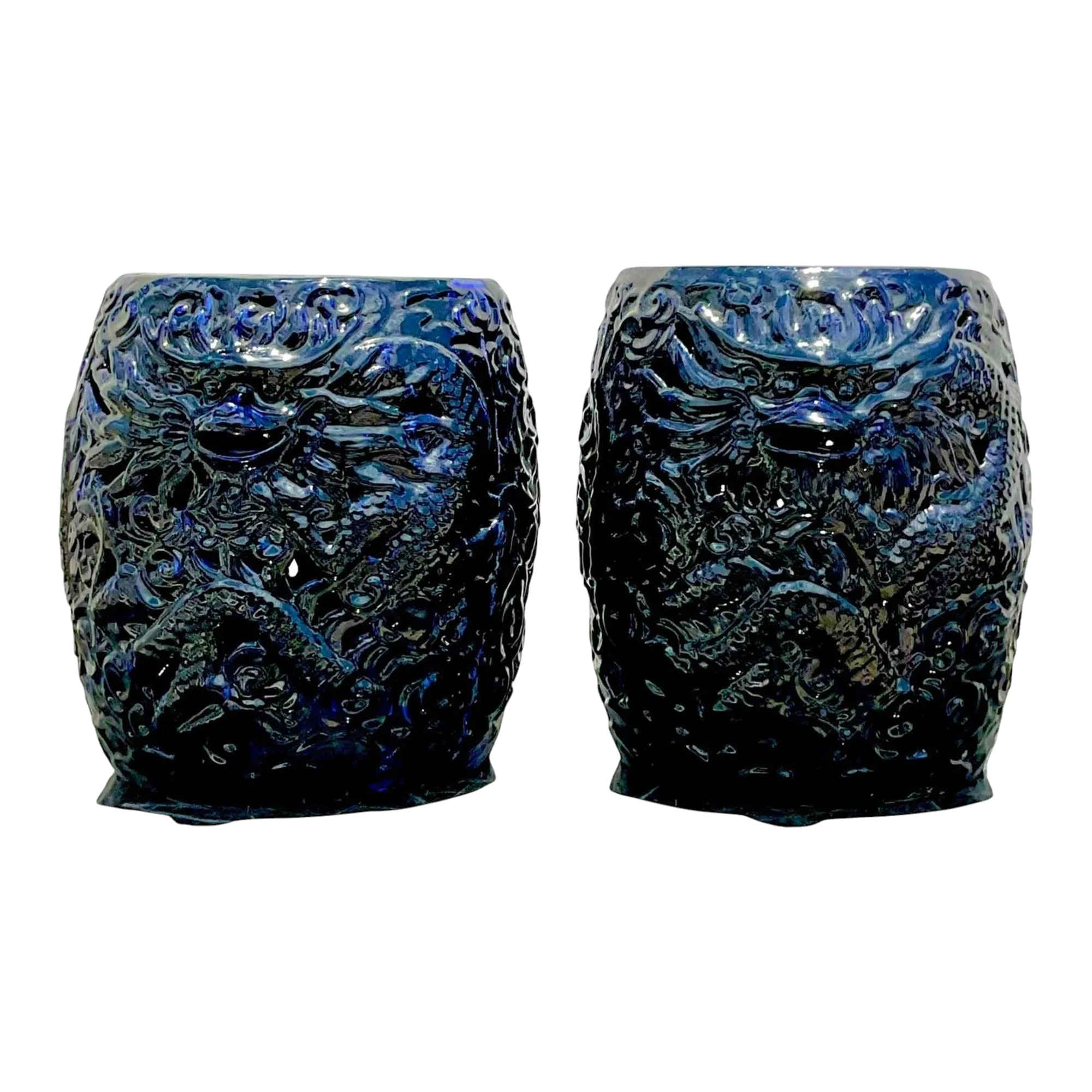 Vintage Boho Glazed Ceramic Dragon Stools - a Pair