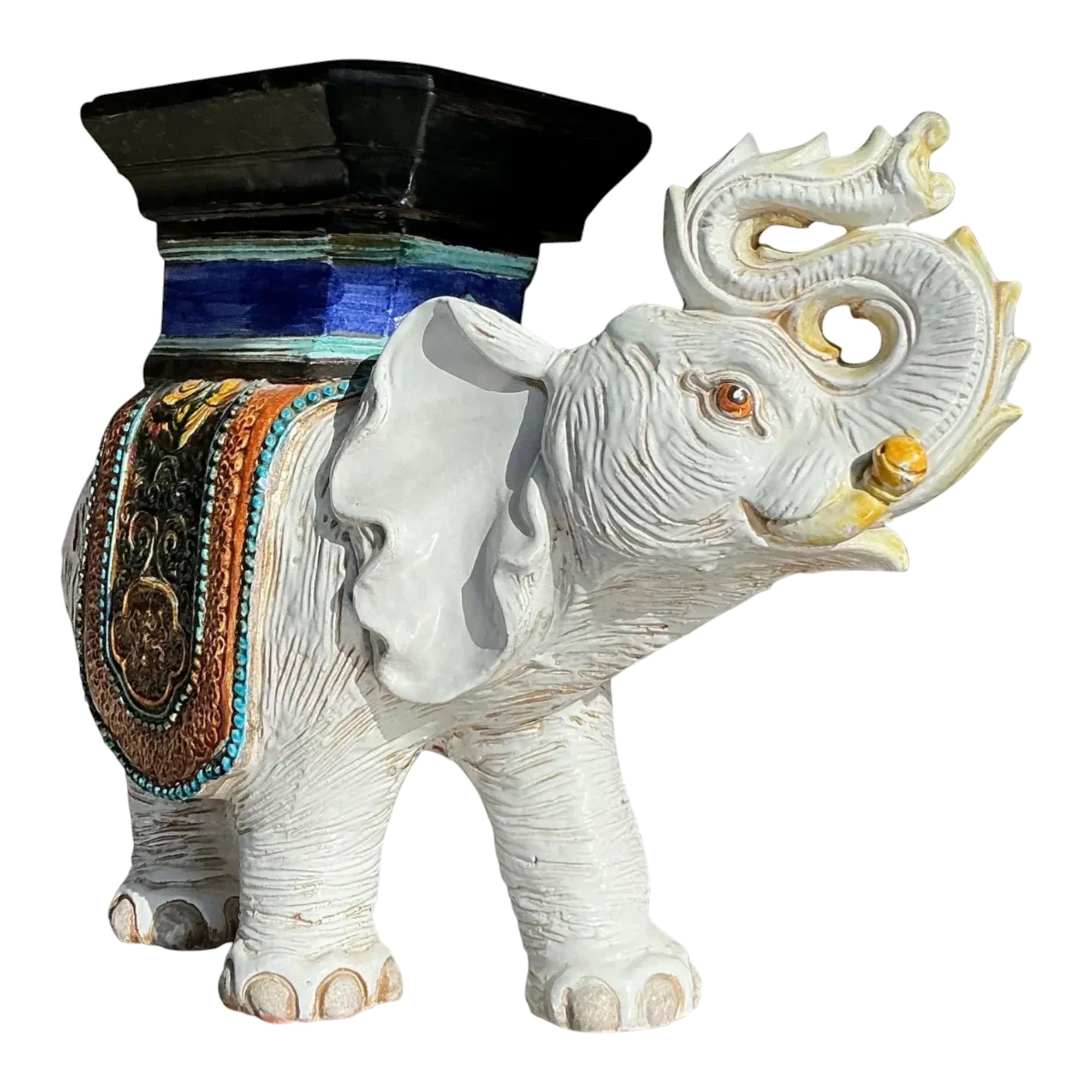 Vintage Boho Glazed Ceramic Elephant Low Stool - Ceramic, 26W x 21.25H — additional photo 1