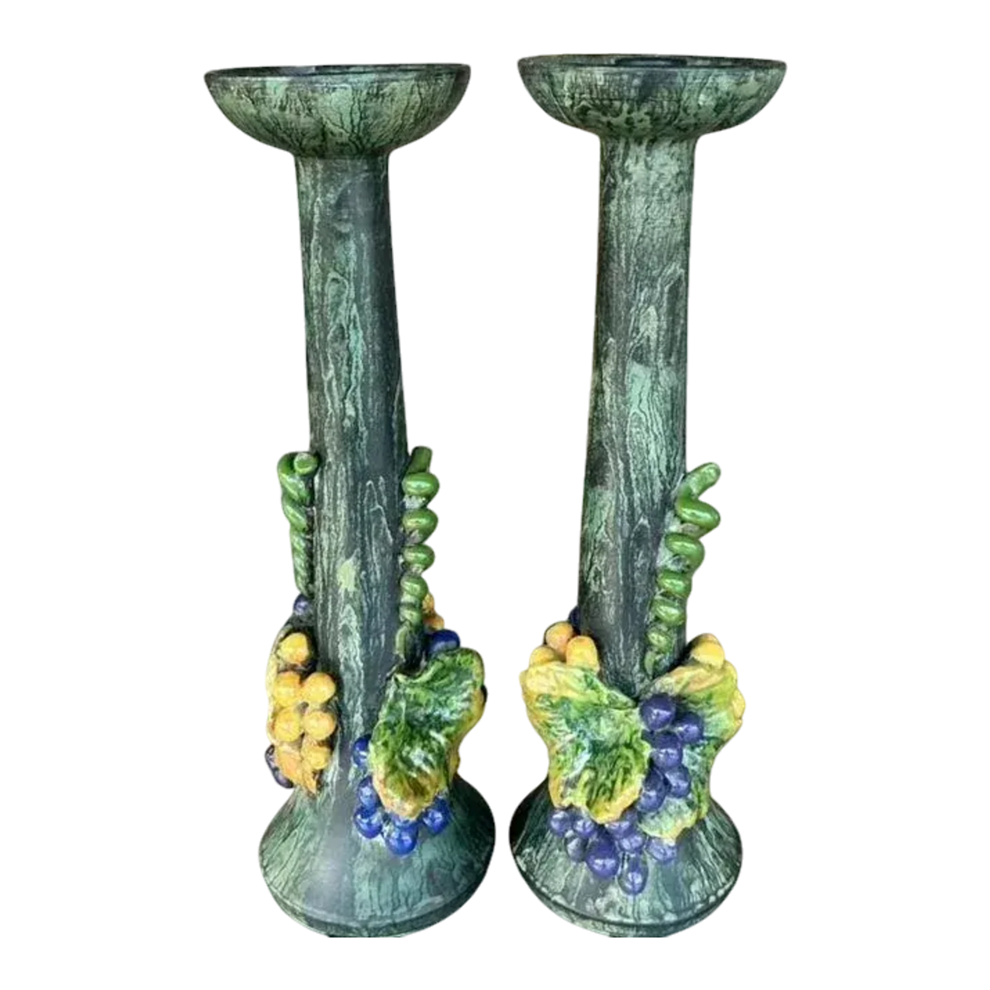 Vintage Boho Glazed Ceramic Grapes Candlesticks - a Pair