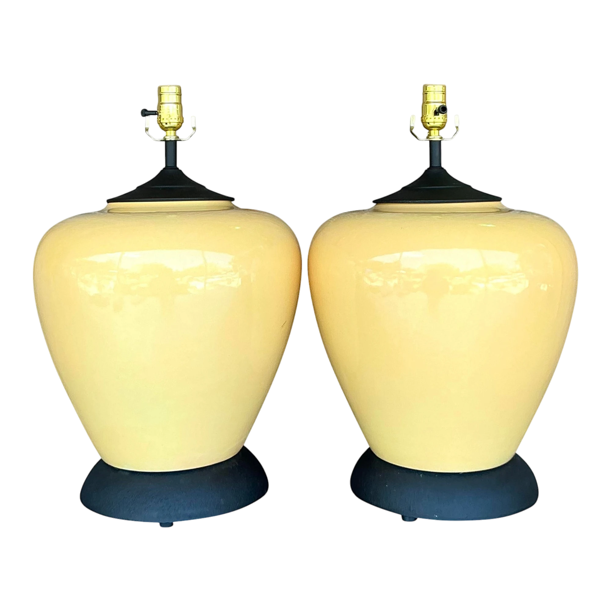 Vintage Boho Glazed Ceramic Lamps - A Pair - Brass, 13W x 21H
