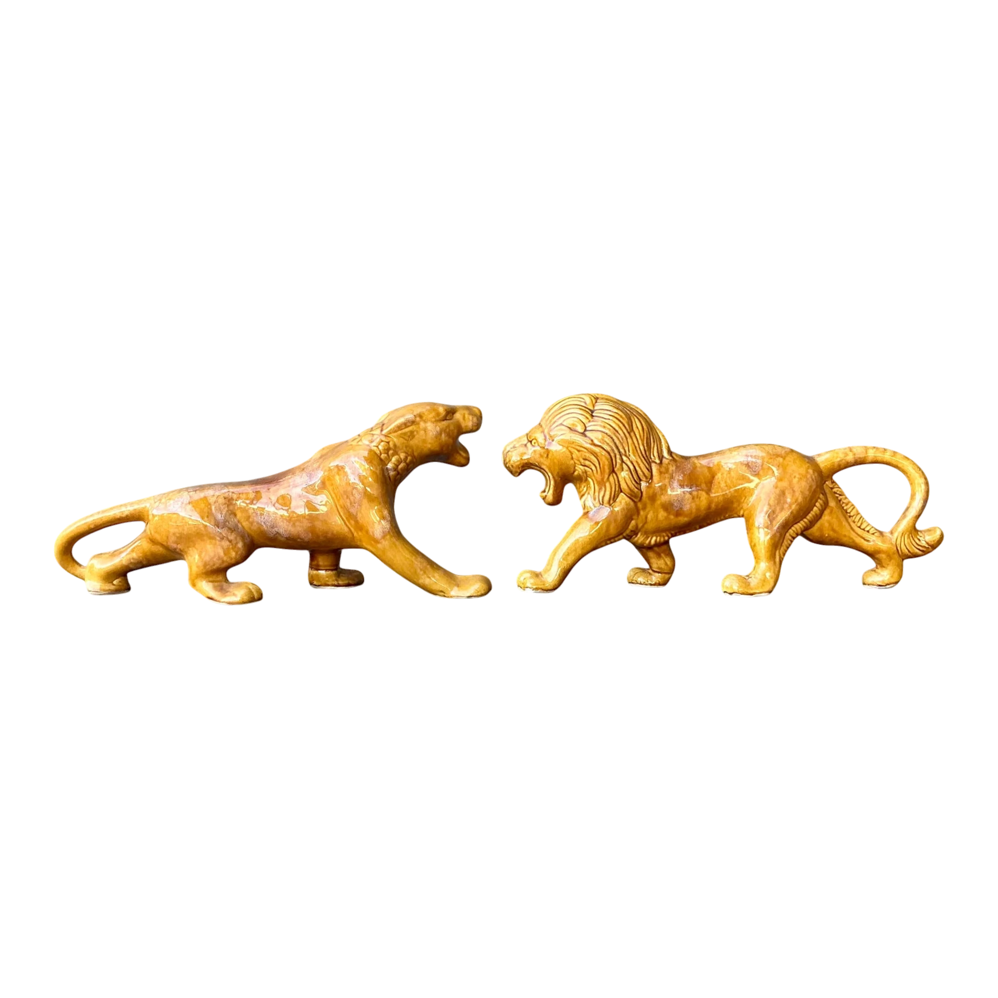 Vintage Boho Glazed Ceramic Lions - Set of 2