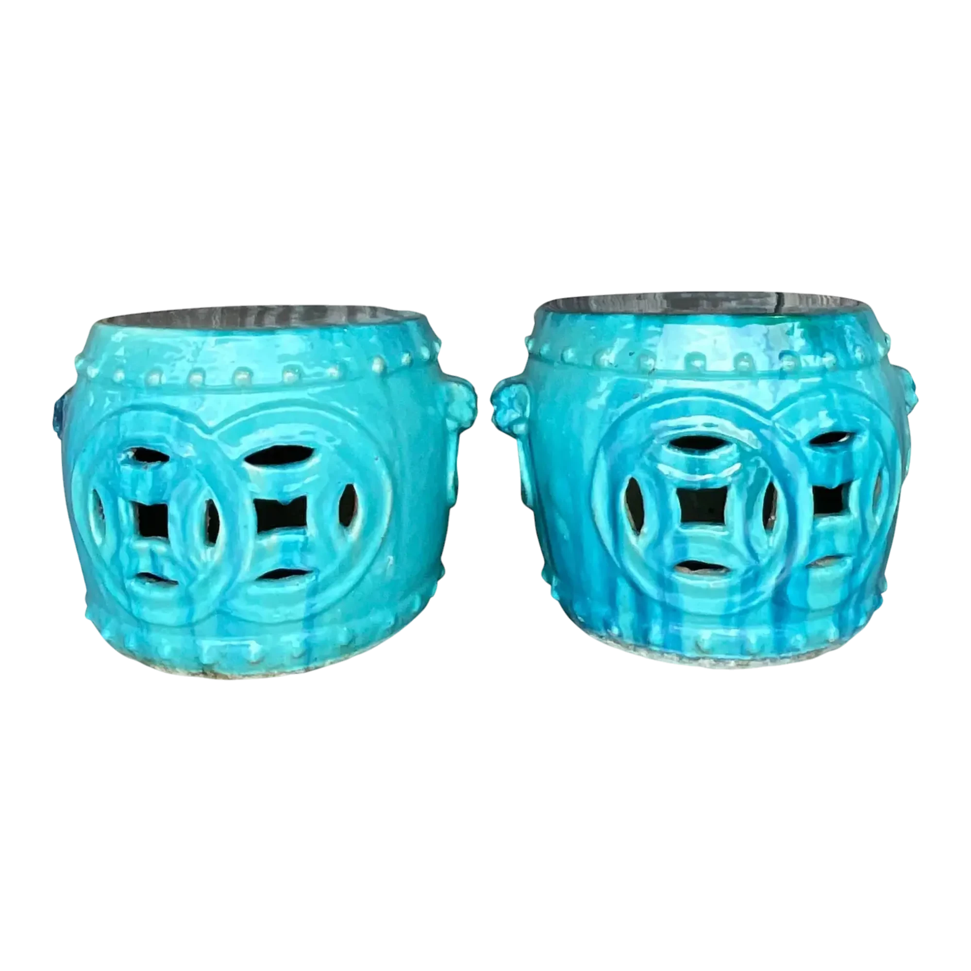 Vintage Boho Glazed Ceramic Low Stools - a Pair