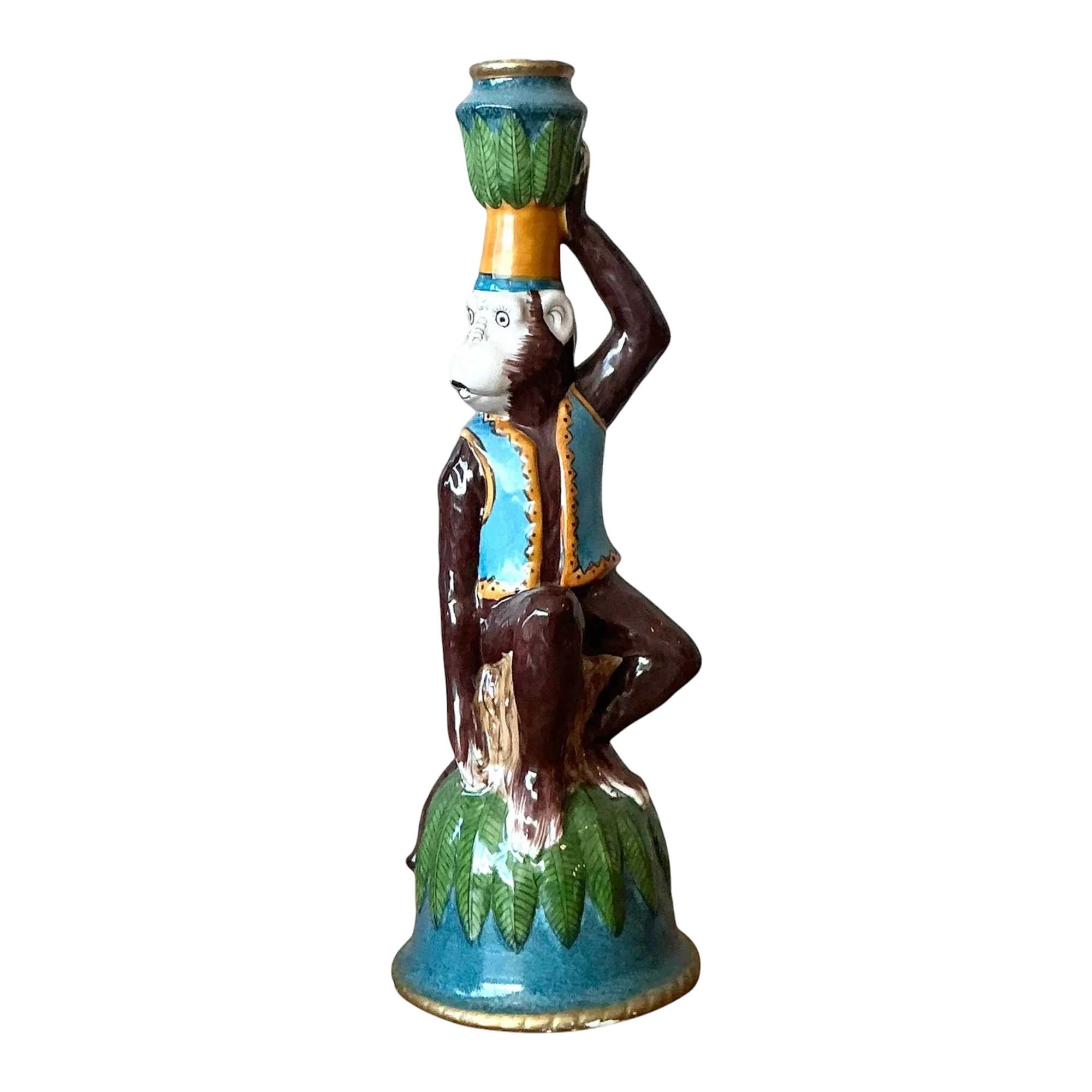Vintage Boho Glazed Ceramic Monkey Candlestick