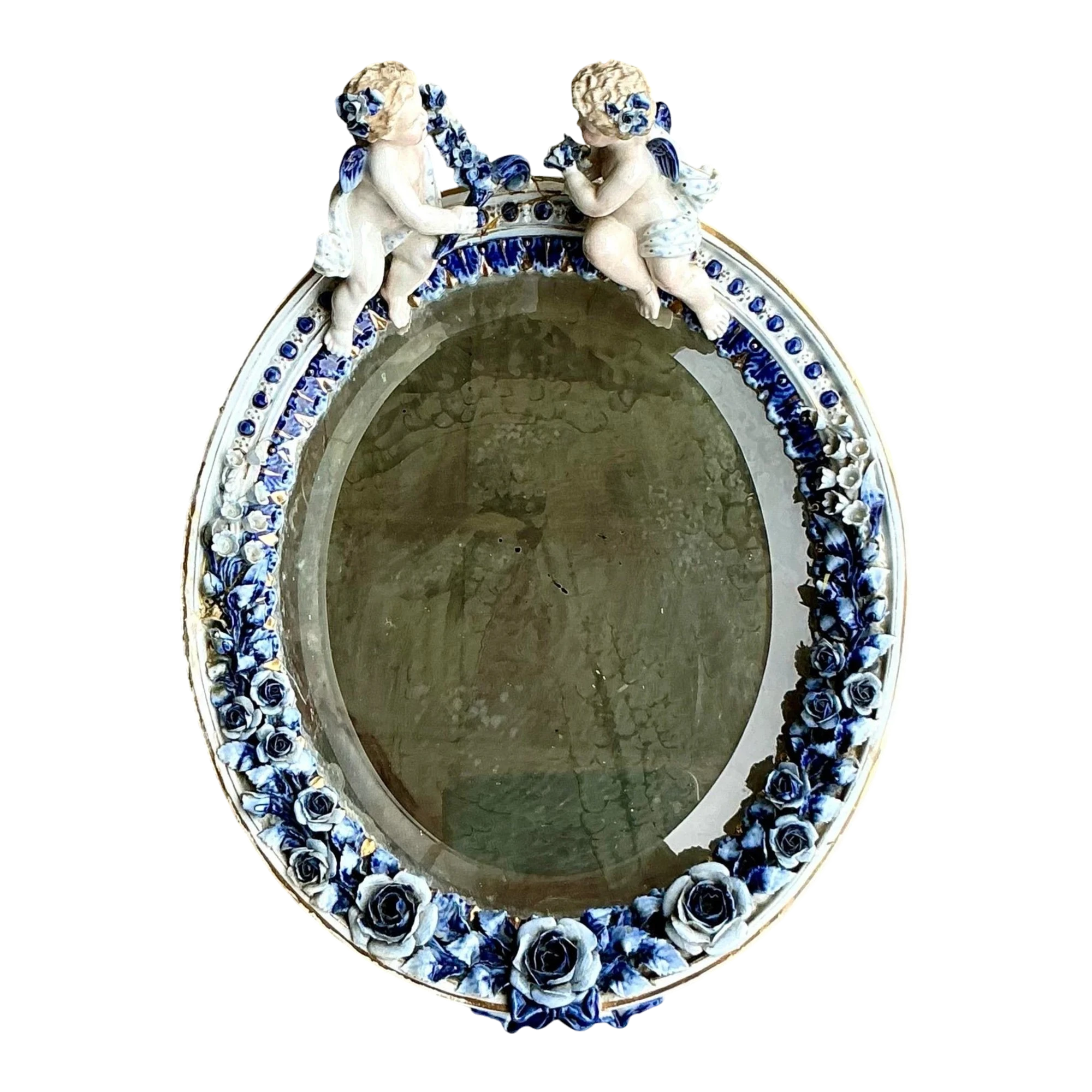 Vintage Boho Glazed Ceramic Putti Cherub Mirror
