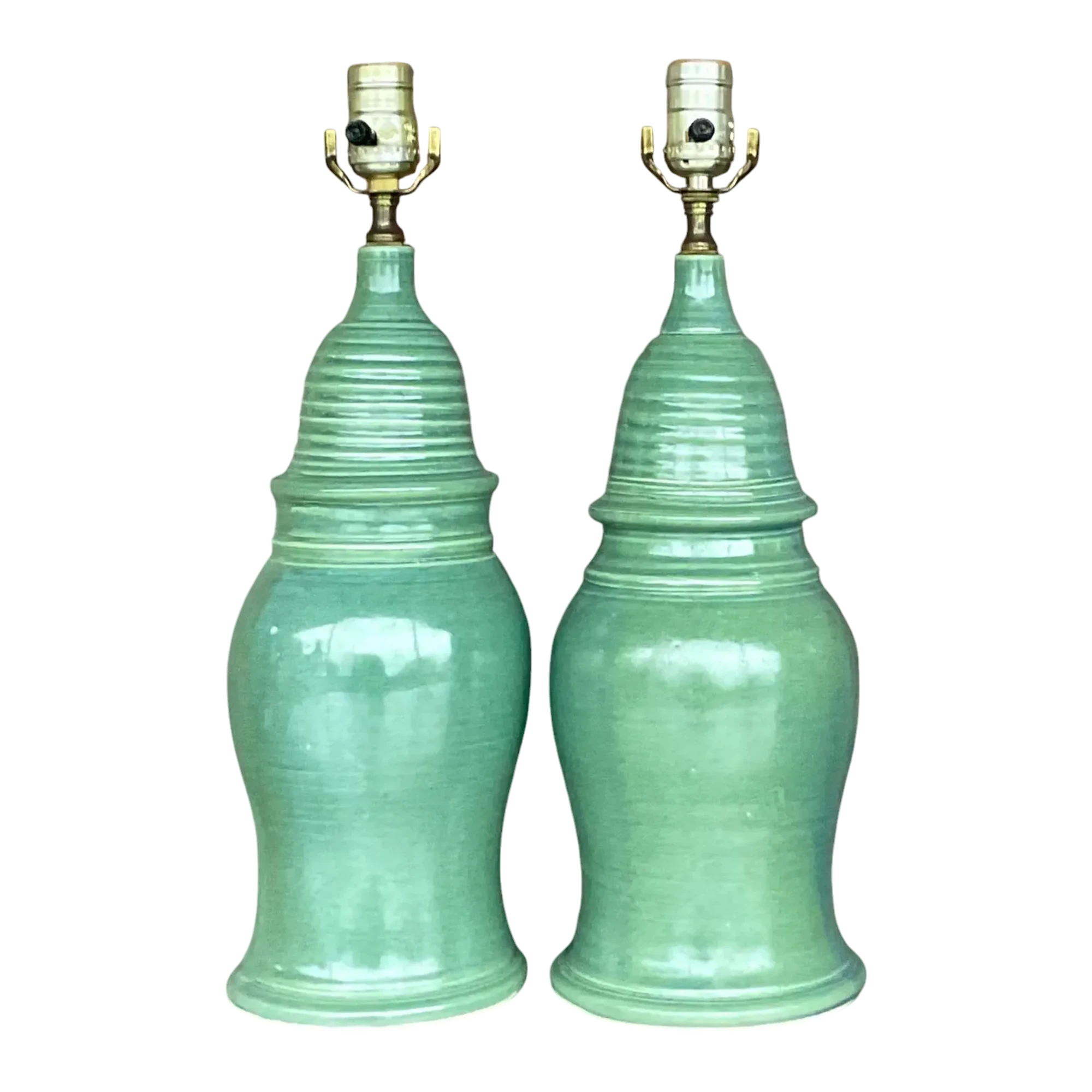 Vintage Boho Glazed Ceramic Table Lamps - a Pair
