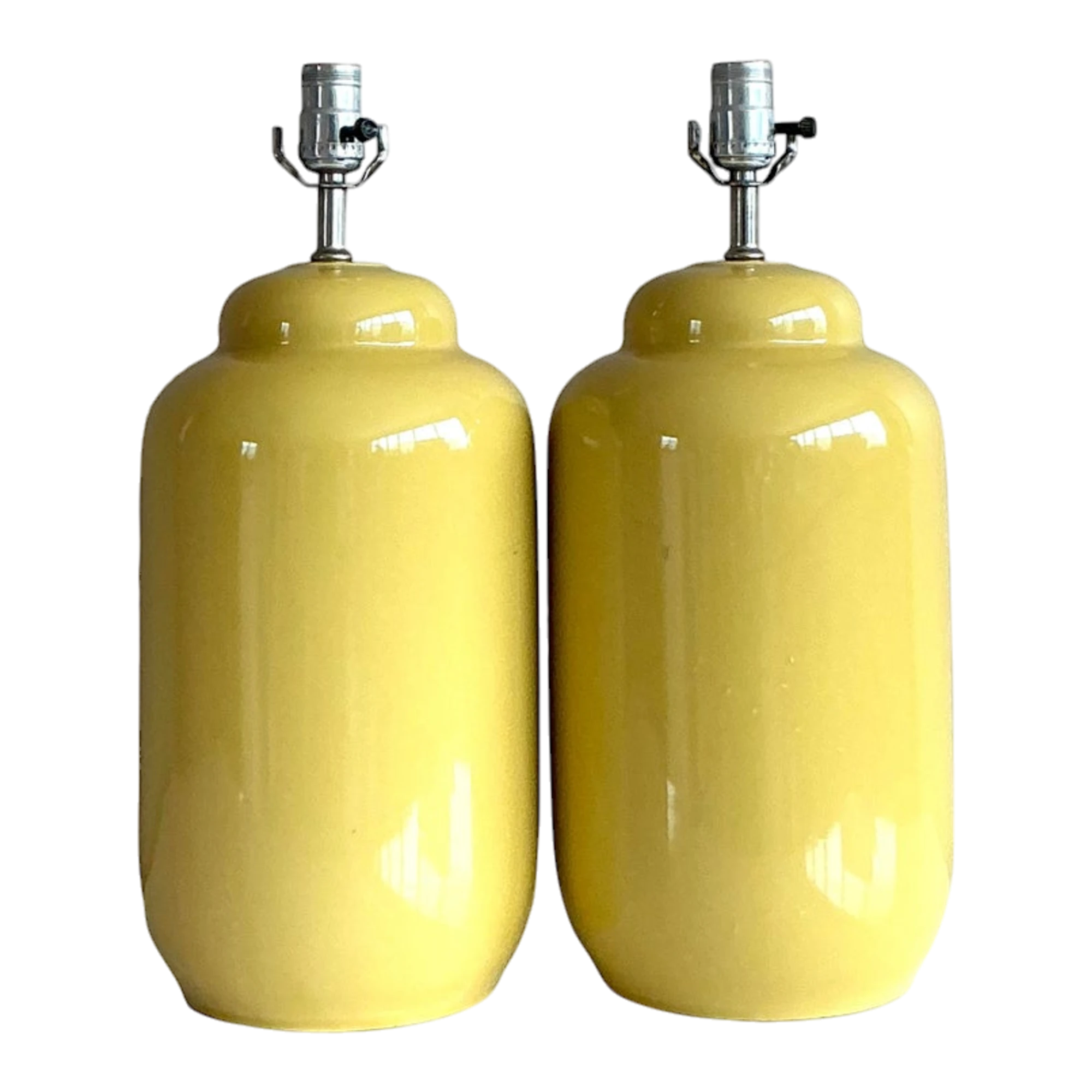Vintage Boho Glazed Ceramic Yellow Lamps - A Pair