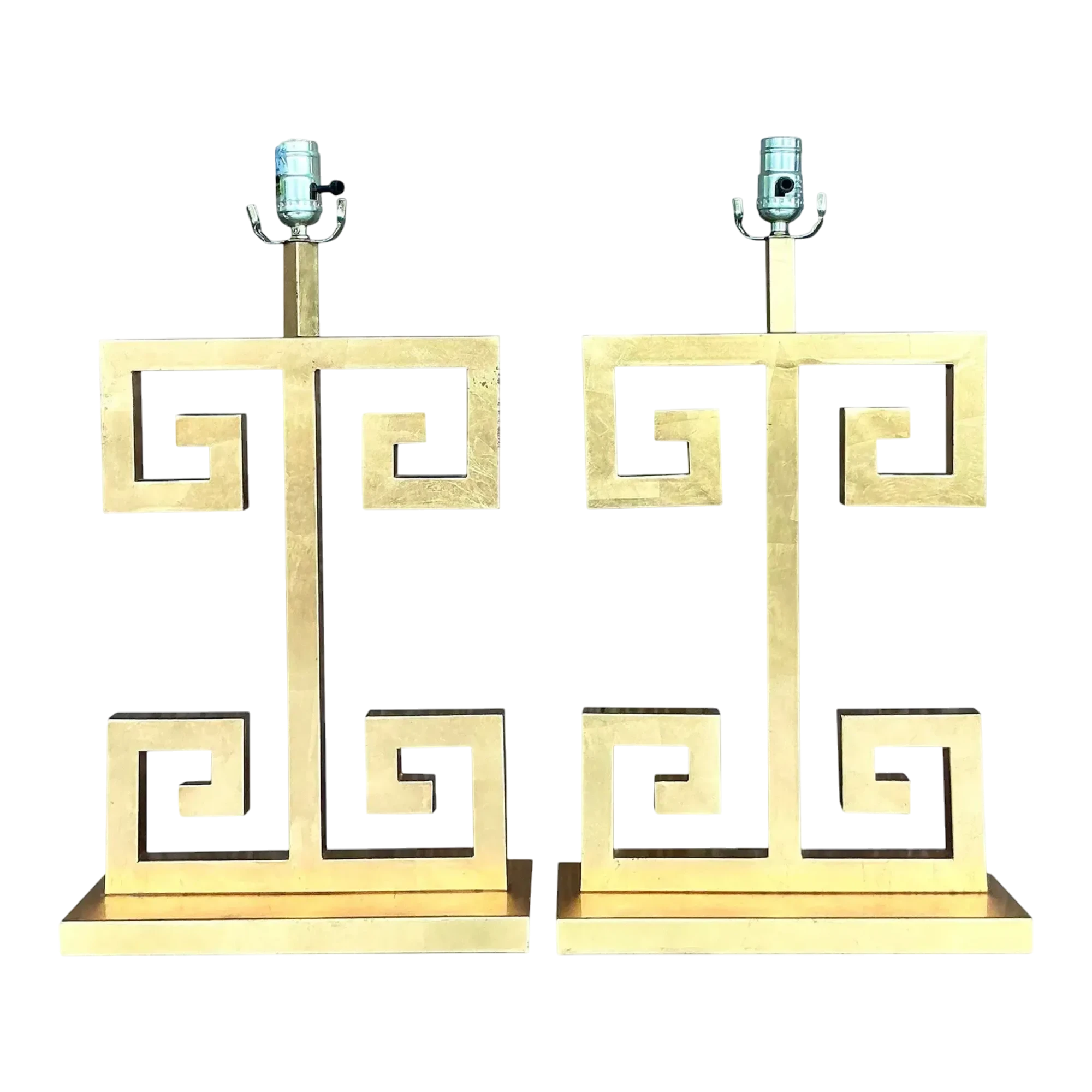 Vintage Boho Greek Key Gilt Lamps - A Pair