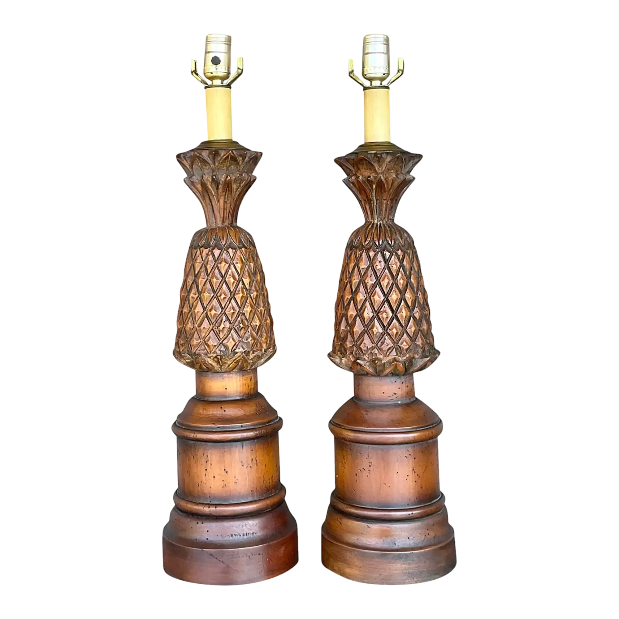 Vintage Boho Hand Carved Pineapple Lamps - a Pair