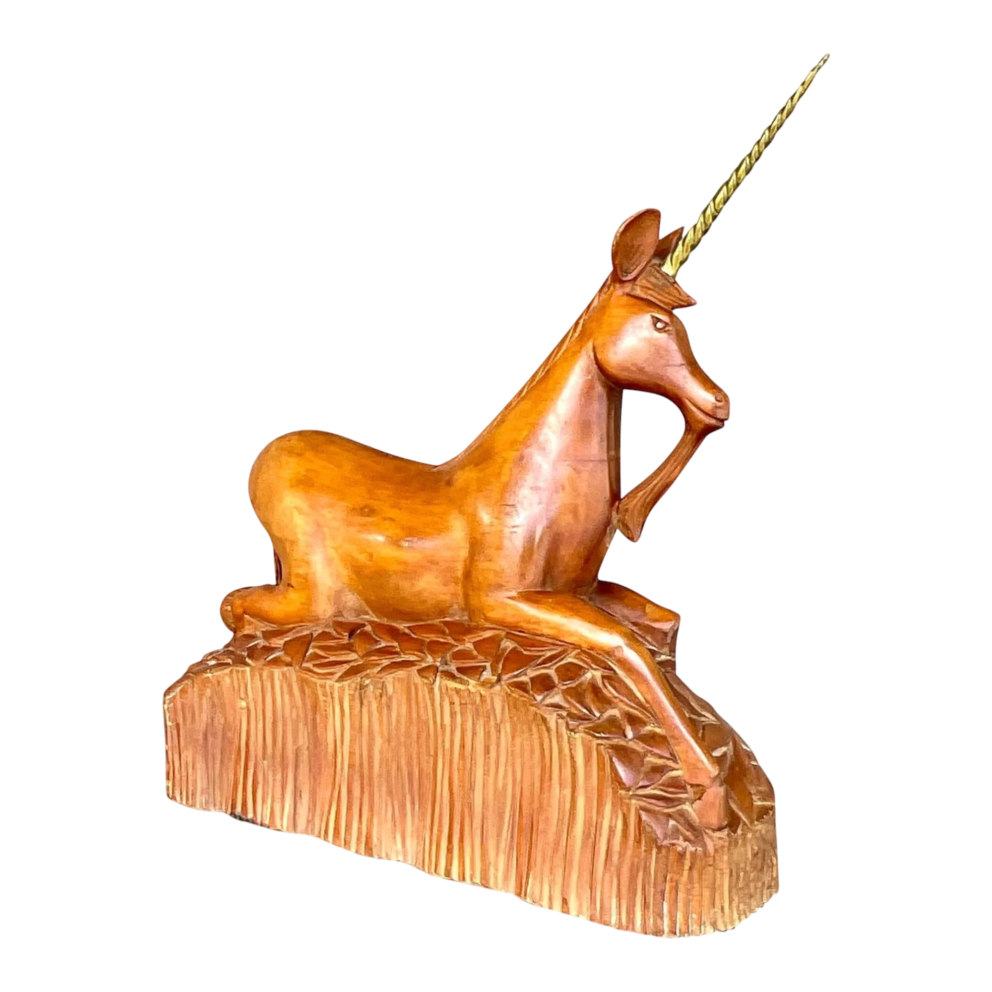 Vintage Boho Hand Carved Wood and Brass Unicorn