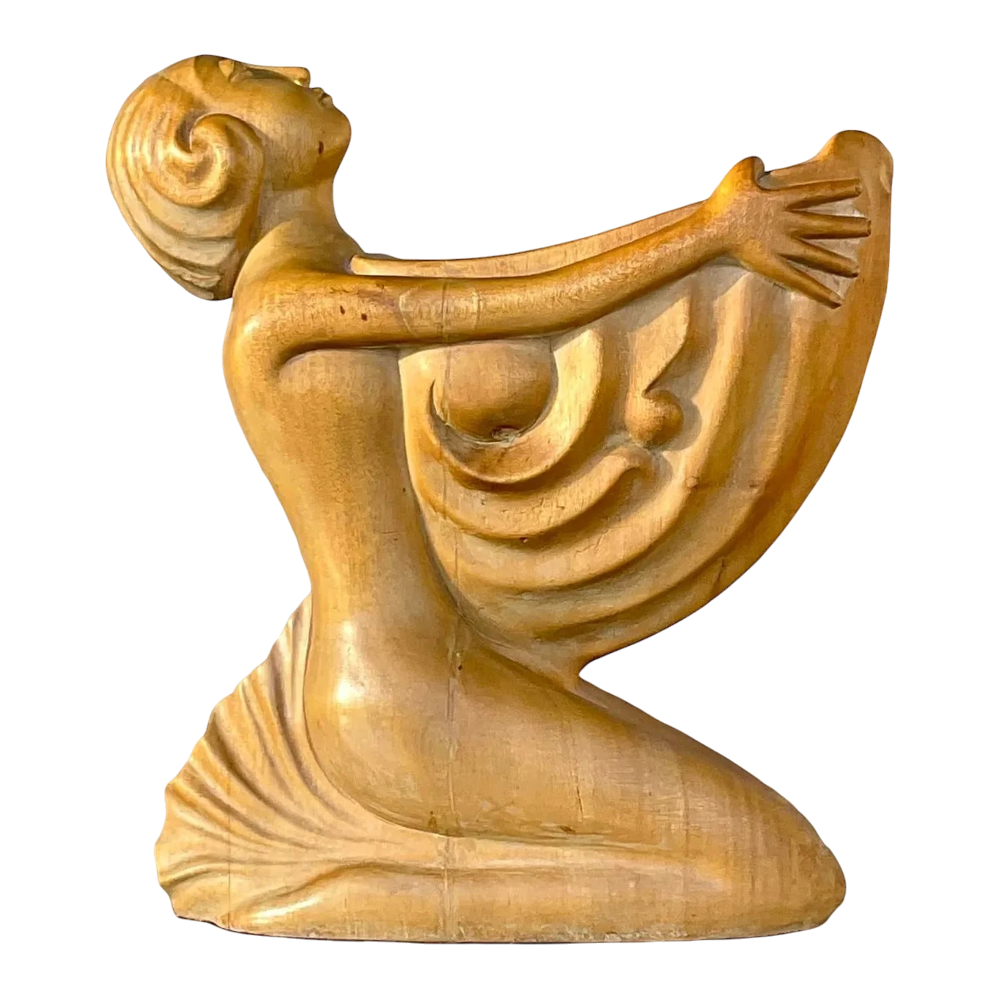 Vintage Boho Hand Carved Wooden Lady With Nautilus