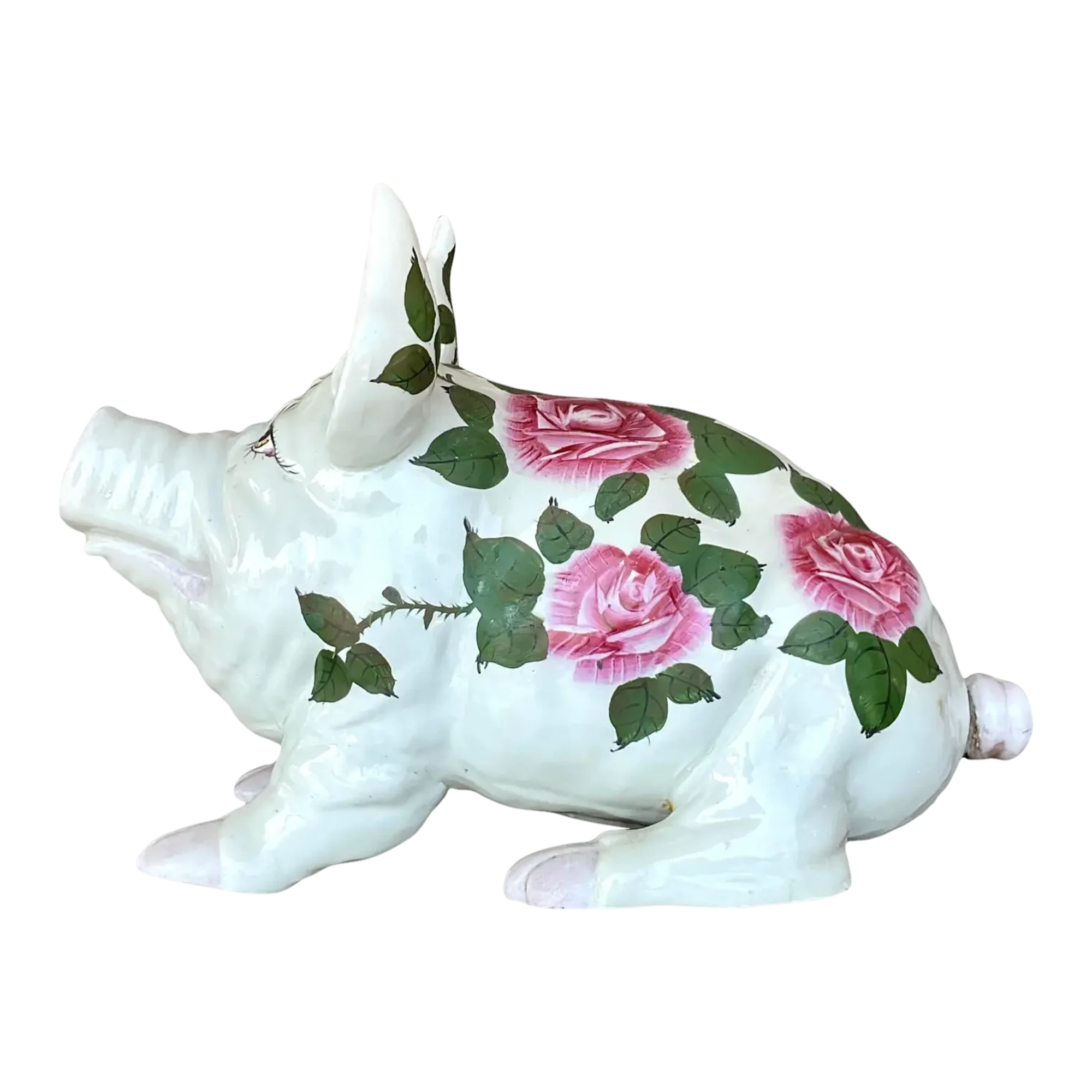 Vintage Boho Hand Painted Ceramic Pig With Roses