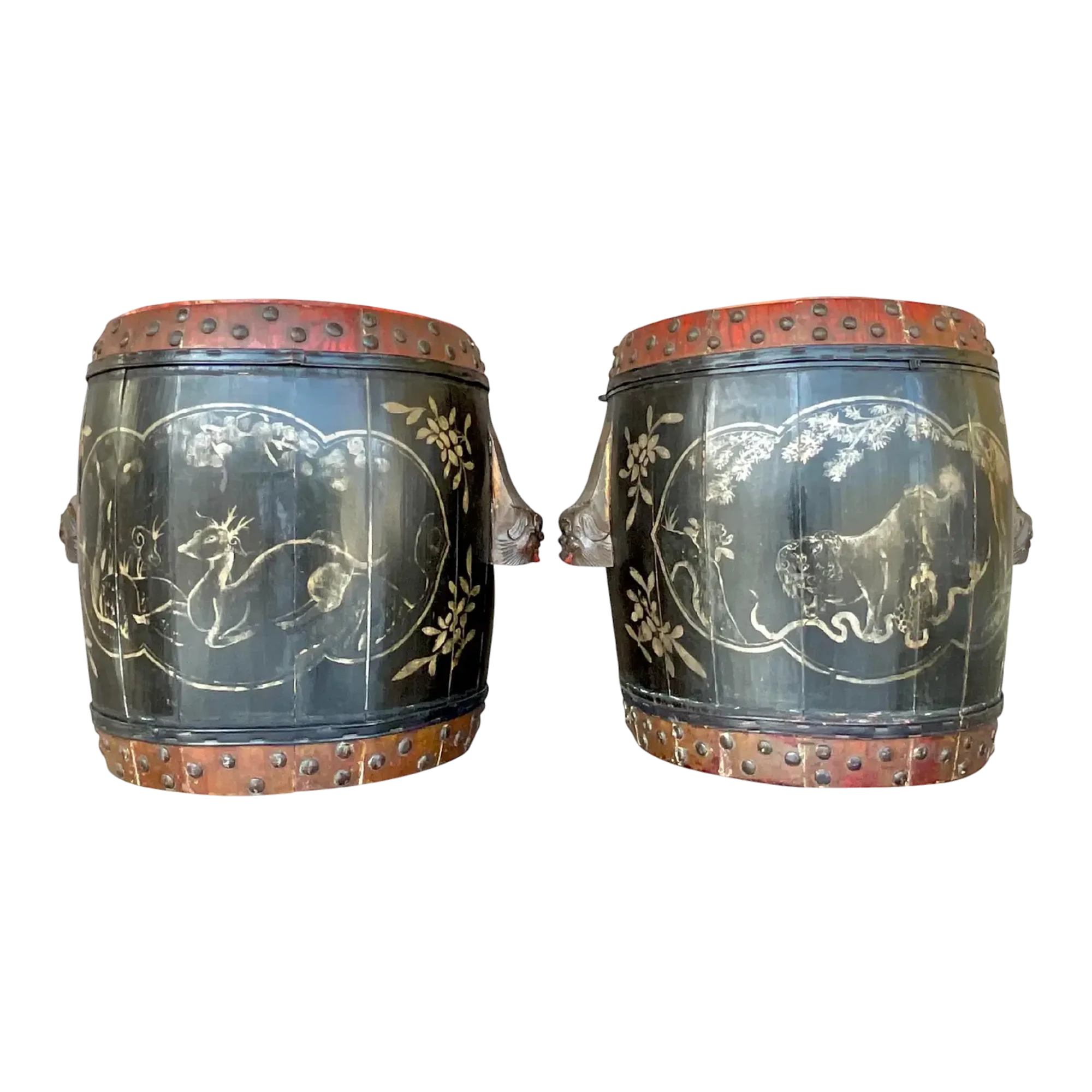 Vintage Boho Hand Painted Lidded Drums - a Pair