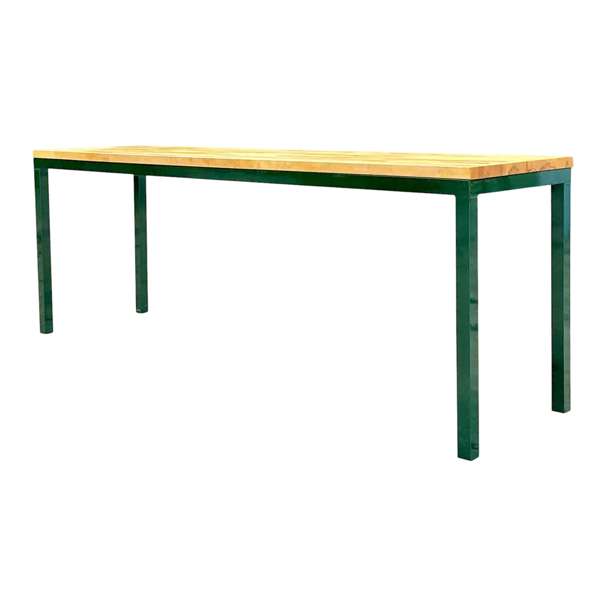 Vintage Boho Hunter Green Metal and Butcher Block Console Table, 1980s