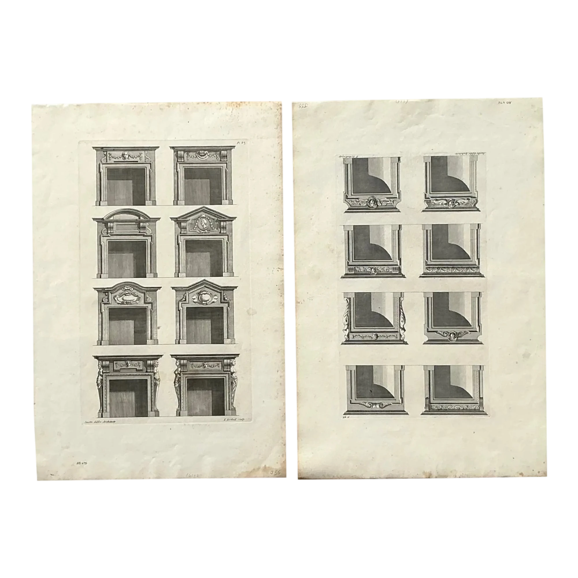 Vintage Boho Italian Architectural Pediment Drawings Original Print- Set of 2